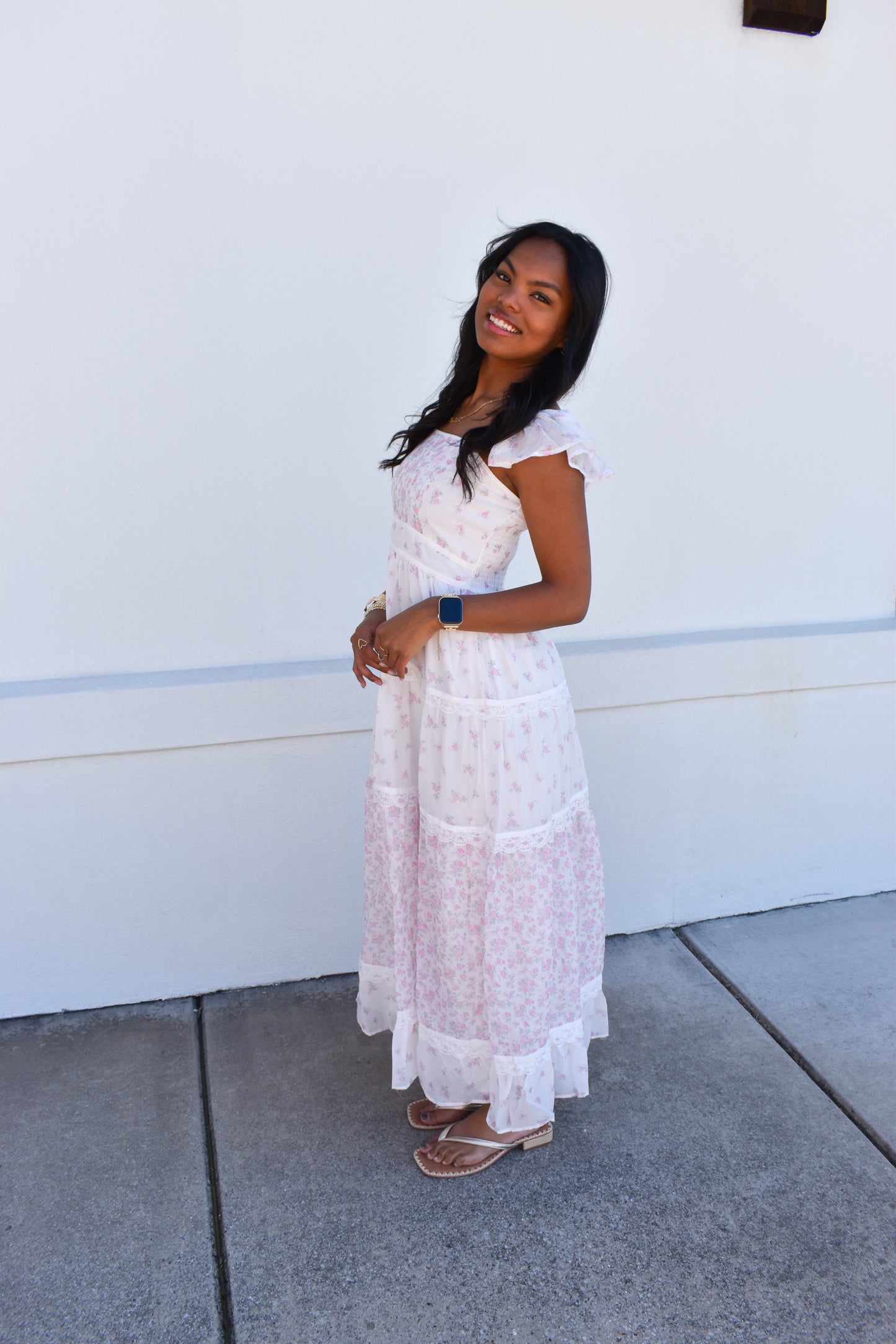 Flutter Sleeve White Pink Lace Maxi Dress