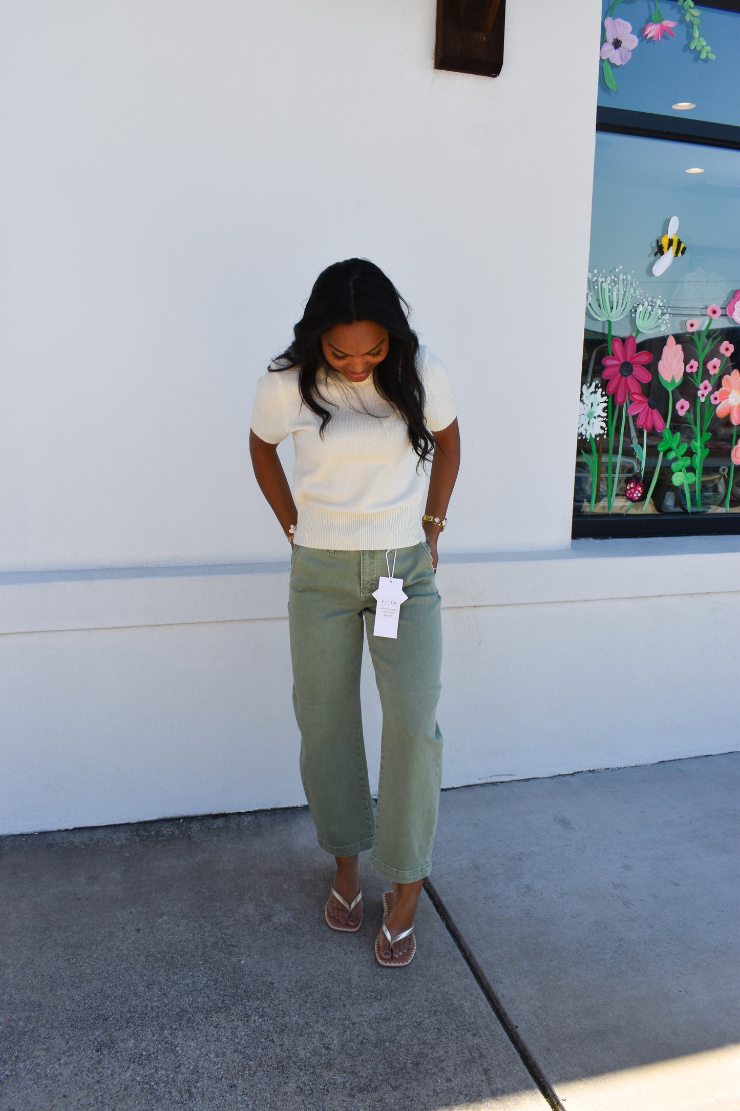 Risen Olive Crop Barrel Jeans