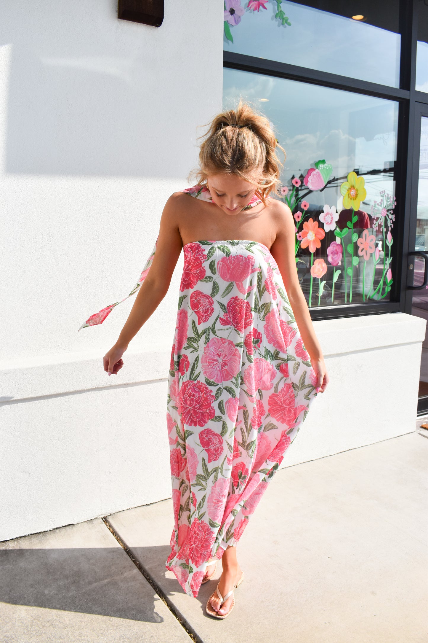 Floral Strapless Maxi Dress W/ Convertible Scarf