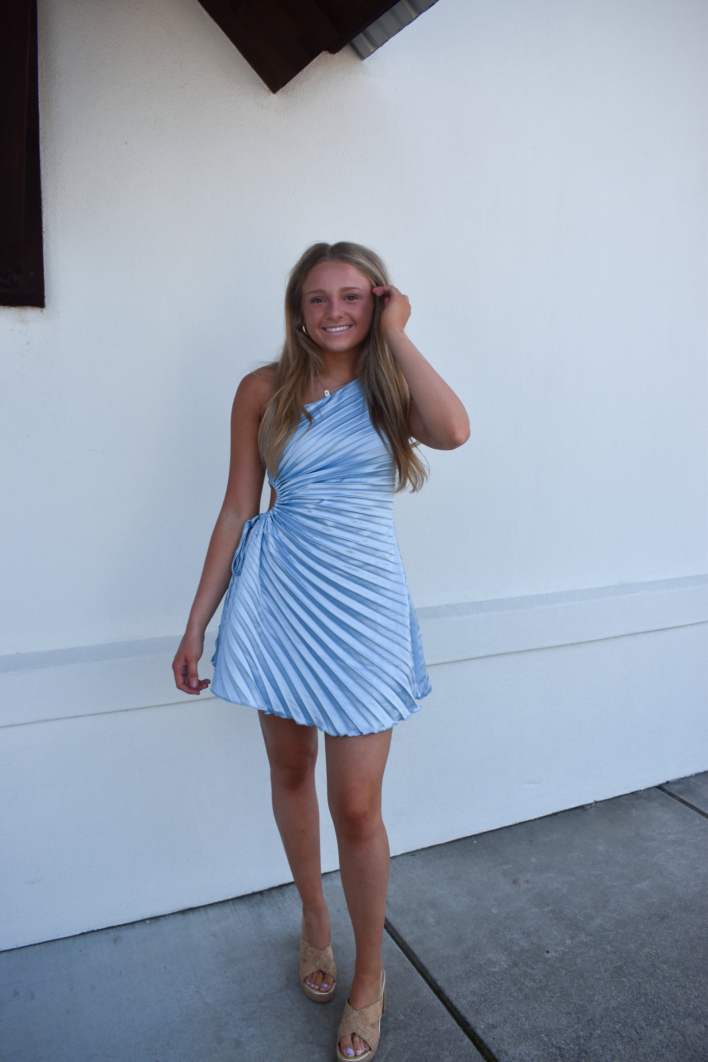 Shoulder Baby Blue Mini Dress
