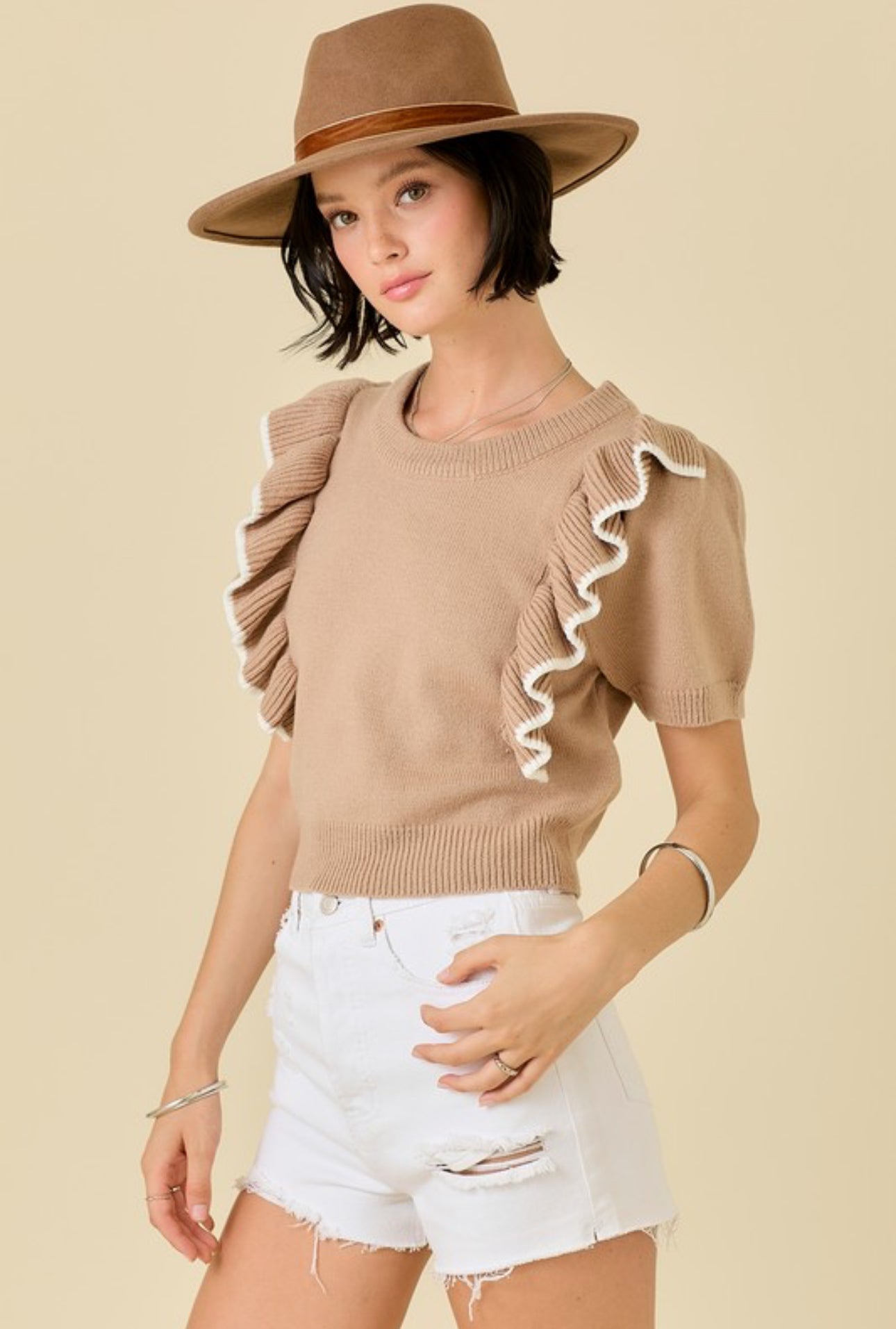 Cropped Sweater W/ Ruffles