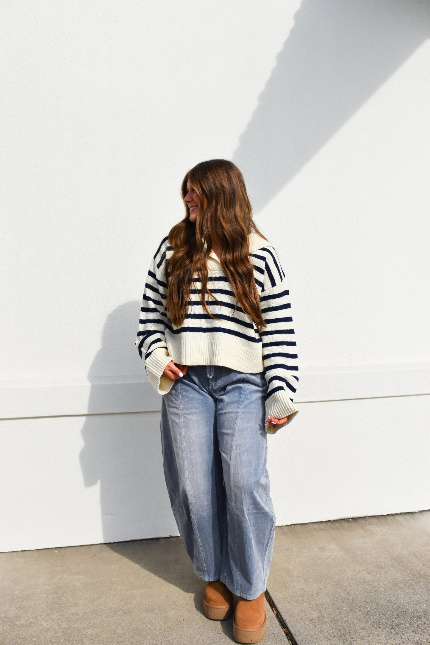 Cream/Navy Striped Collared Knit Sweater