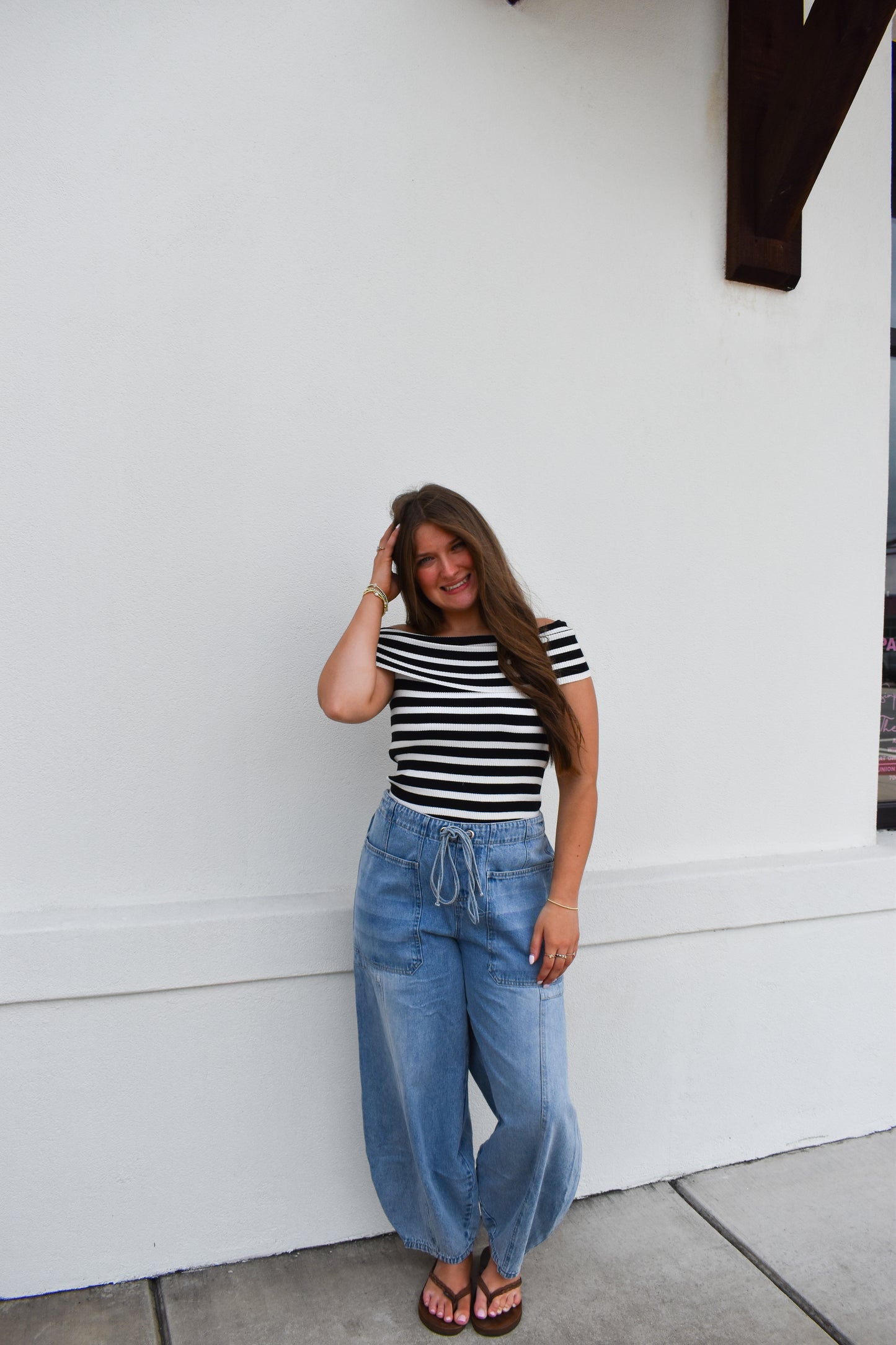 Denim Mid-Waist Drawstring Barrel Jeans