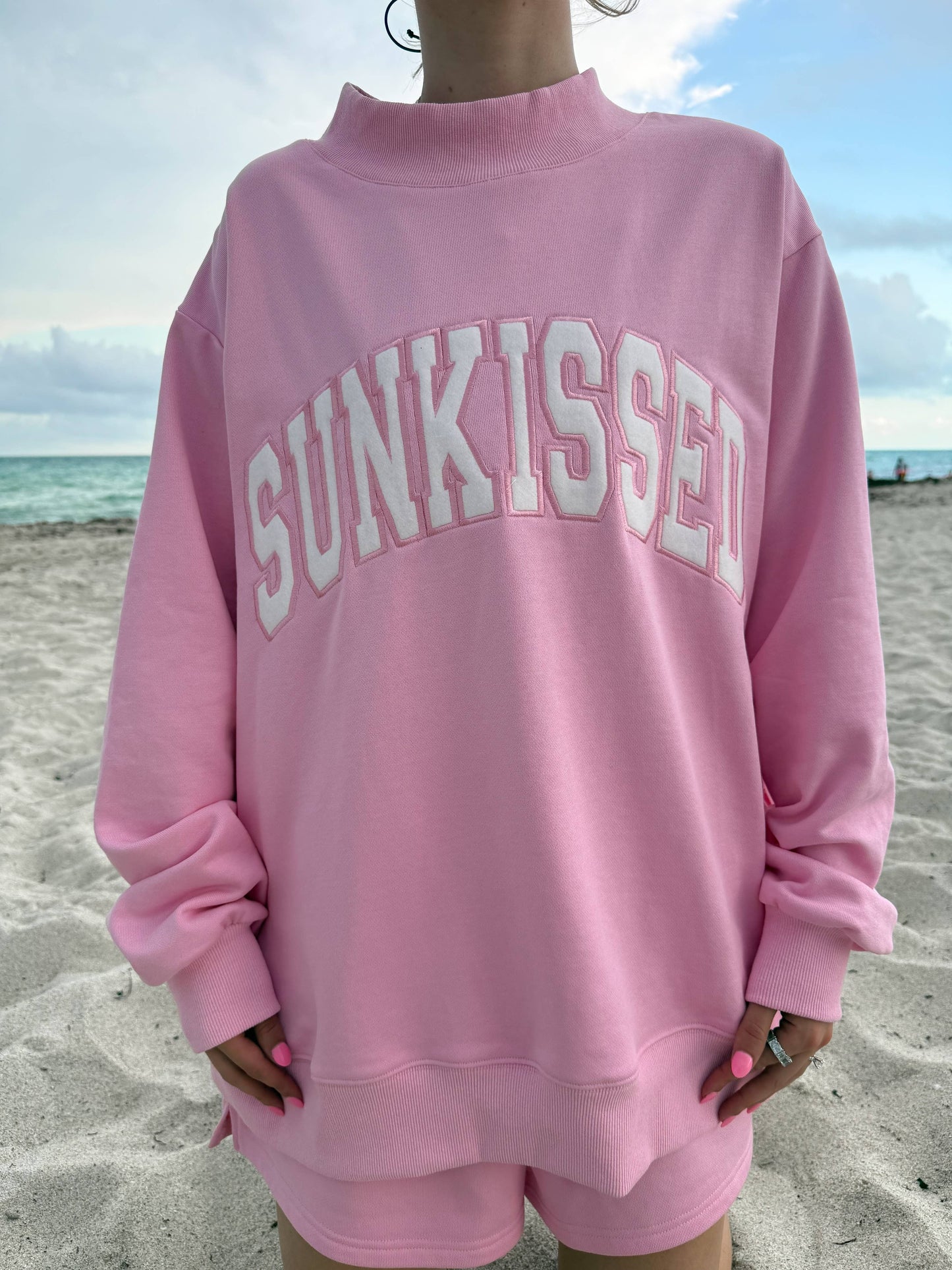 Lottie Pink Varsity Sunkissed Embroidered Mockneck: Lottie Pink