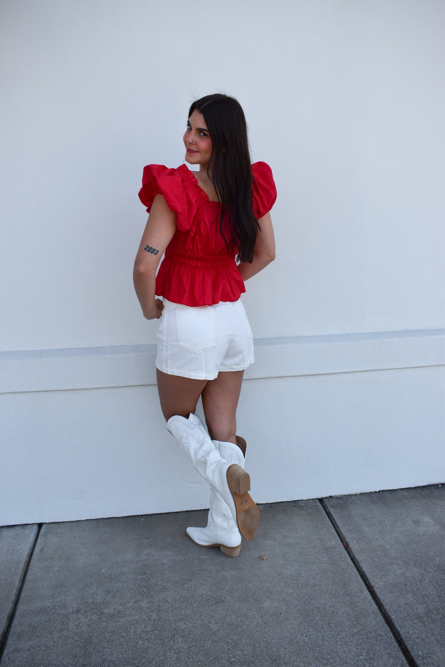 Poplin V Neck Ruffle Blouse