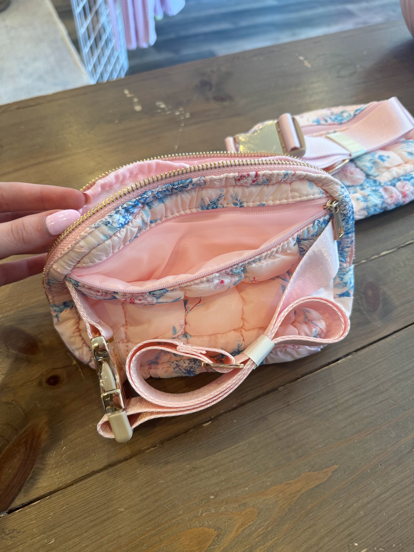 Pink and Gold Floral Quilted Belt Bag