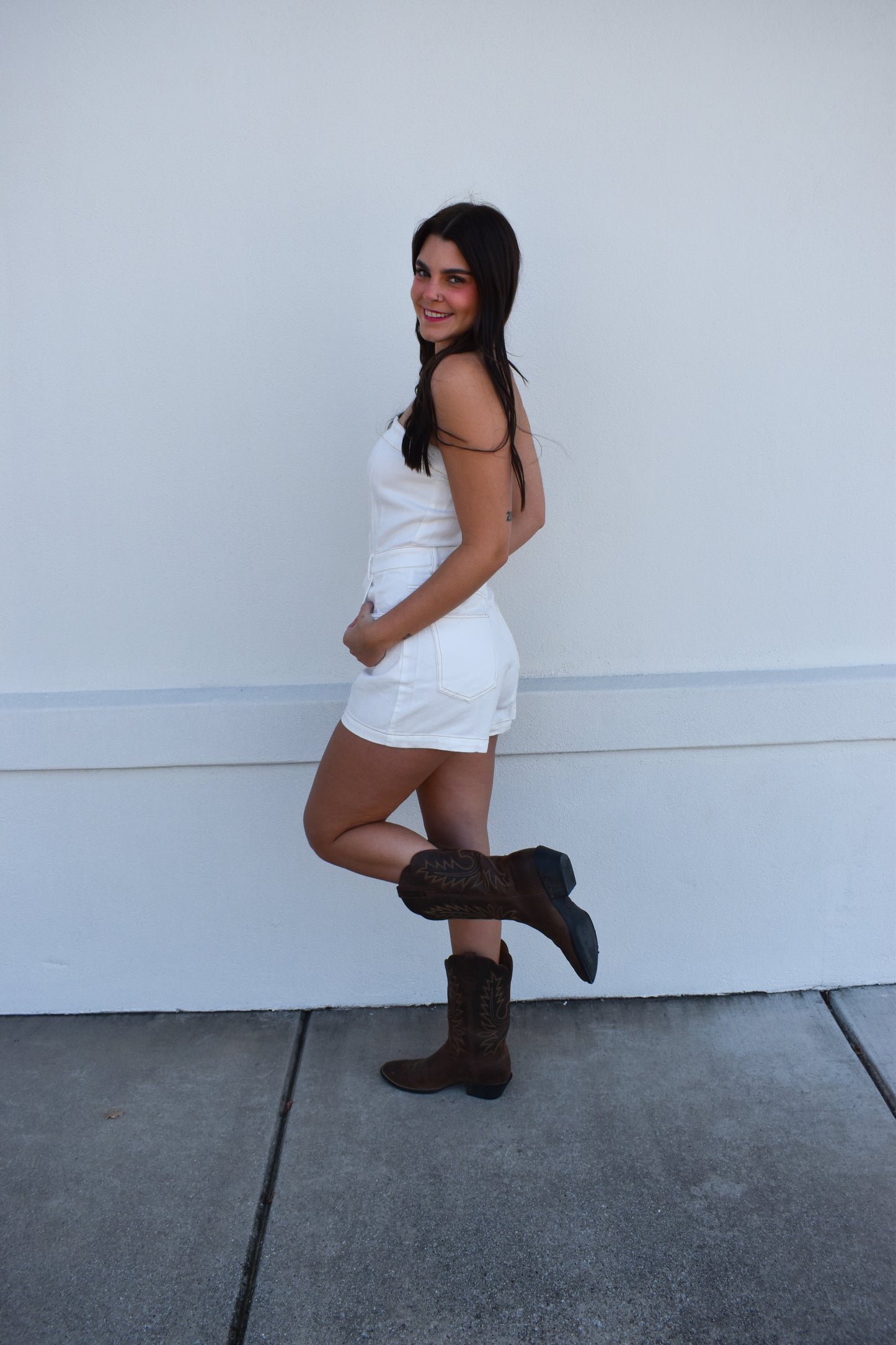 Megan White Strapless Denim Romper