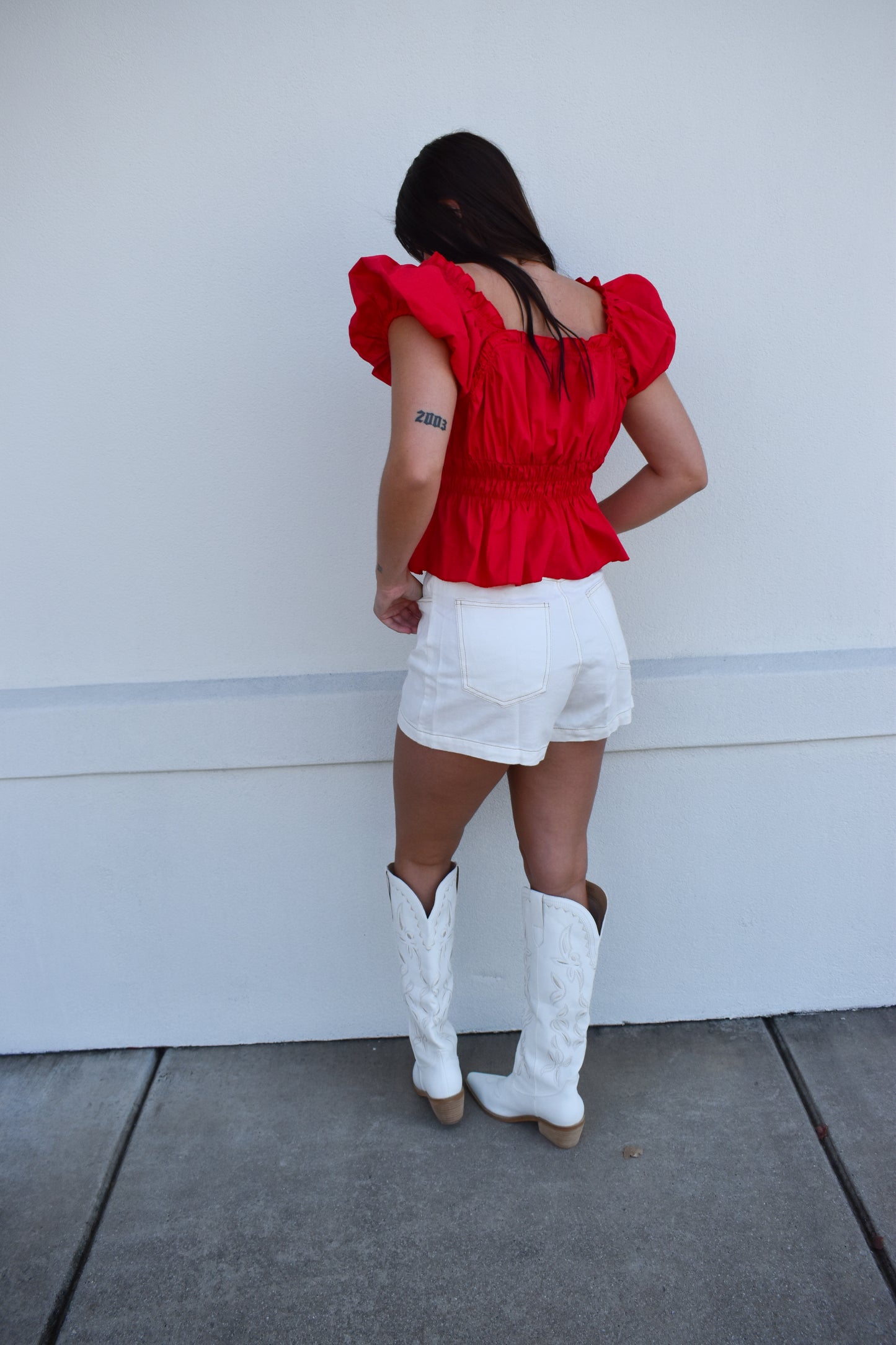 Poplin V Neck Ruffle Blouse
