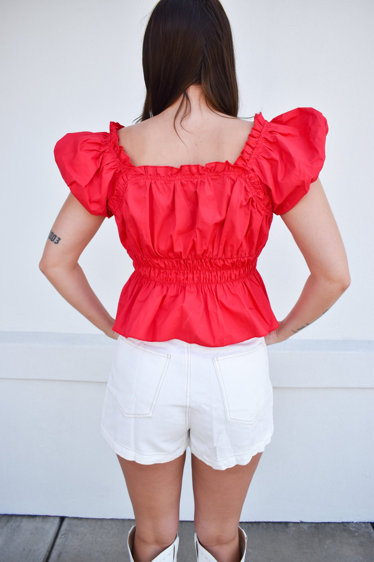 Poplin V Neck Ruffle Blouse