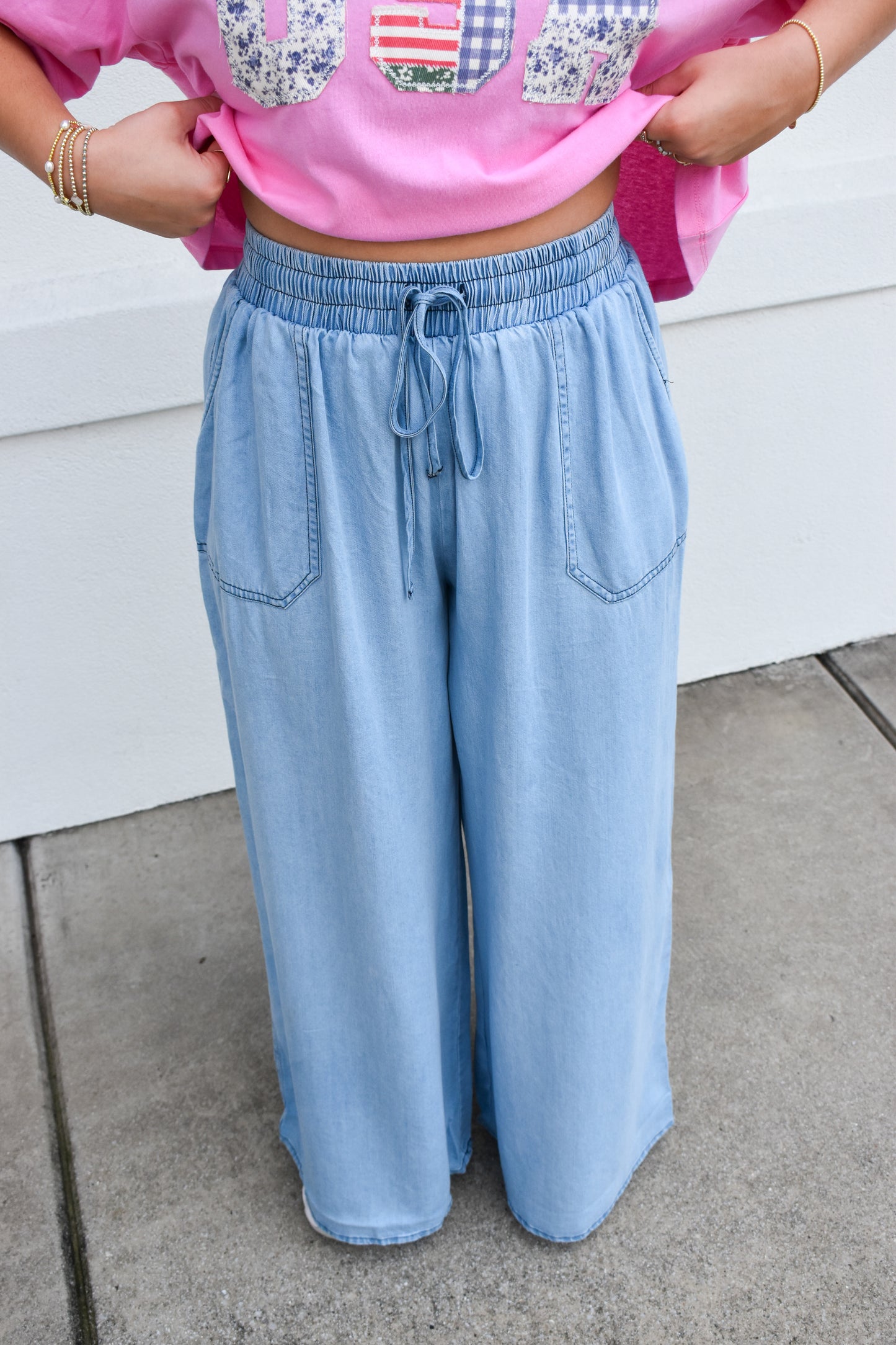 Light Denim Flowy Tie Pants