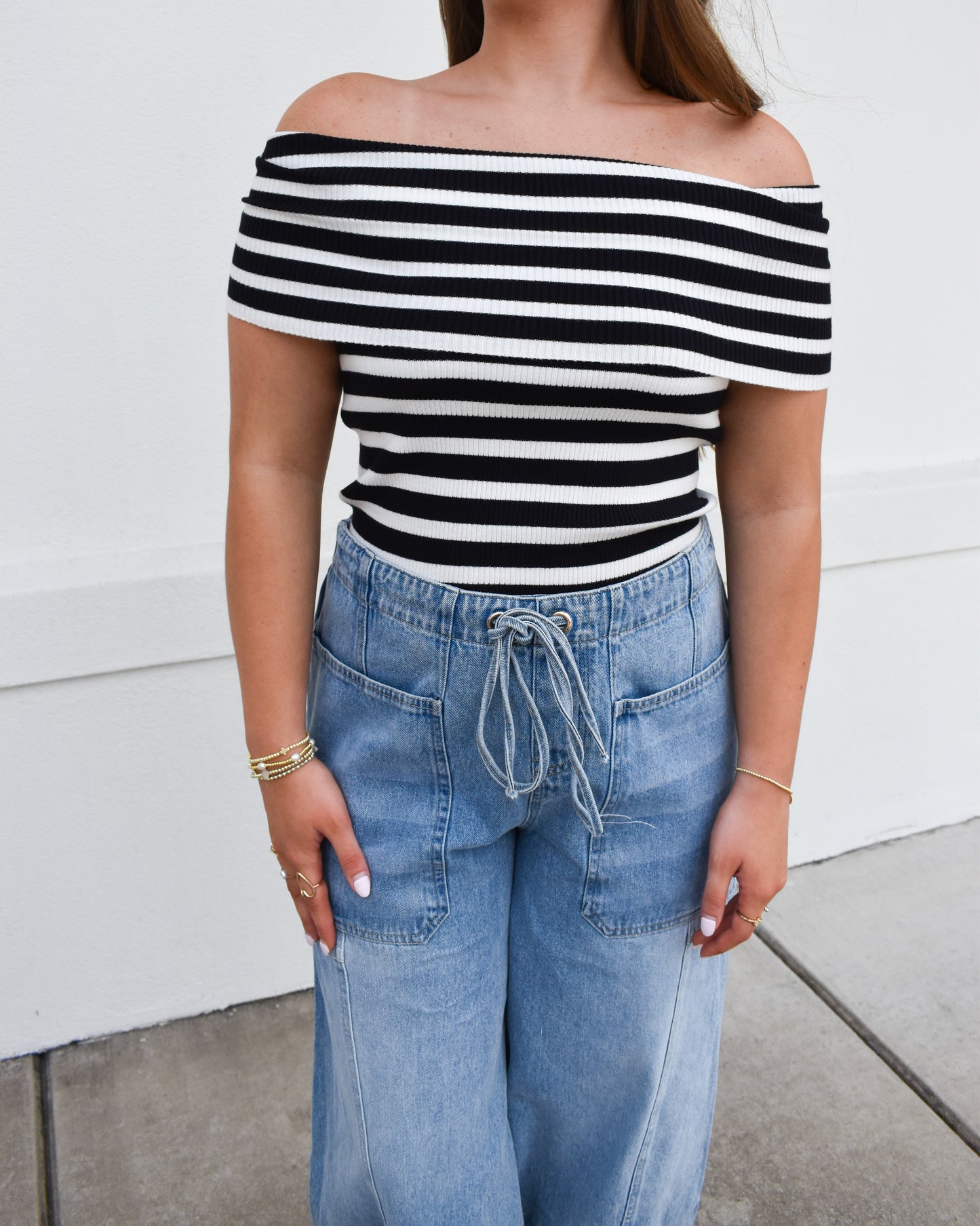 Striped Off The Shoulder Knit Top