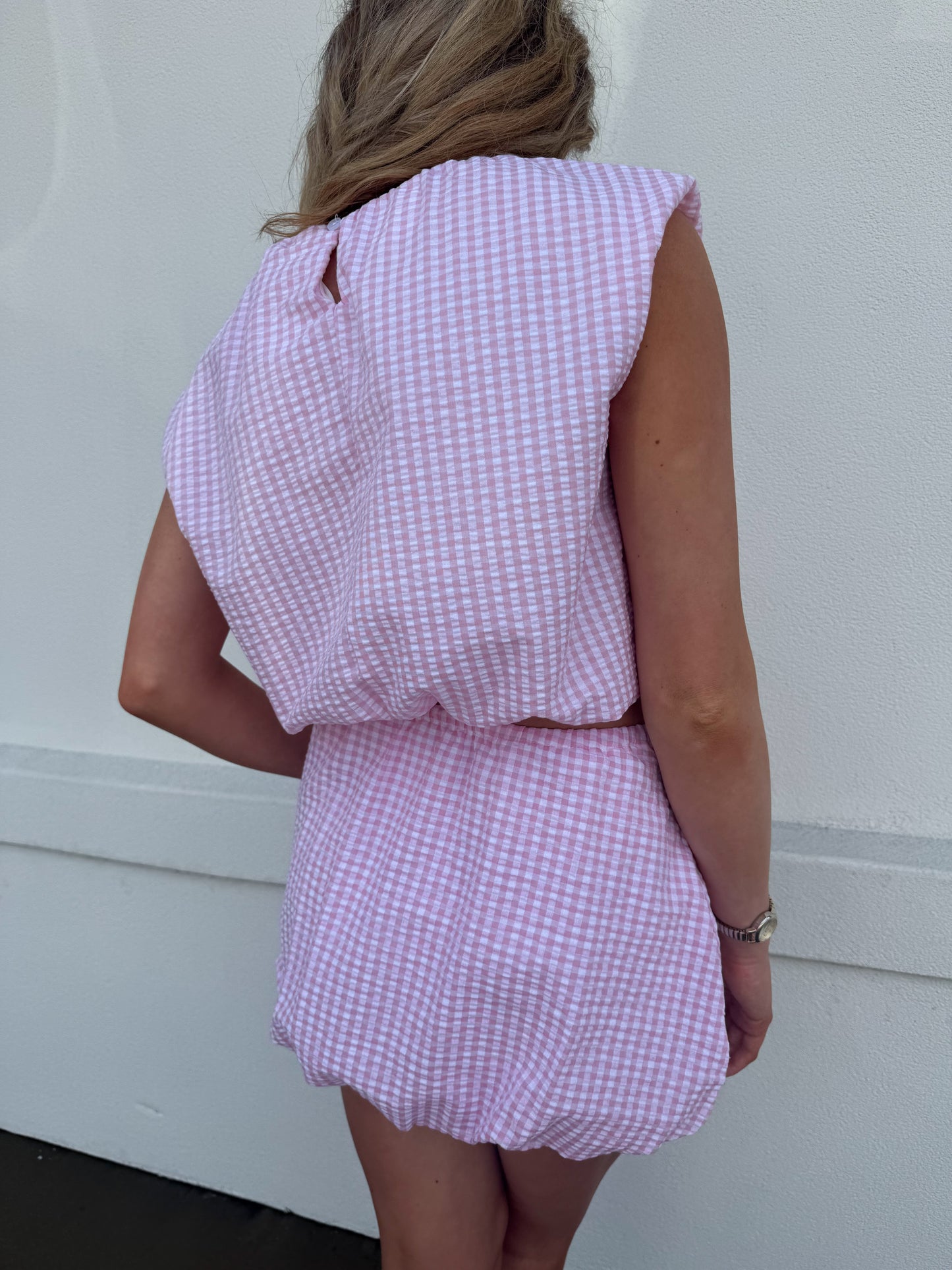 Pink Gingham Balloon Crop Top