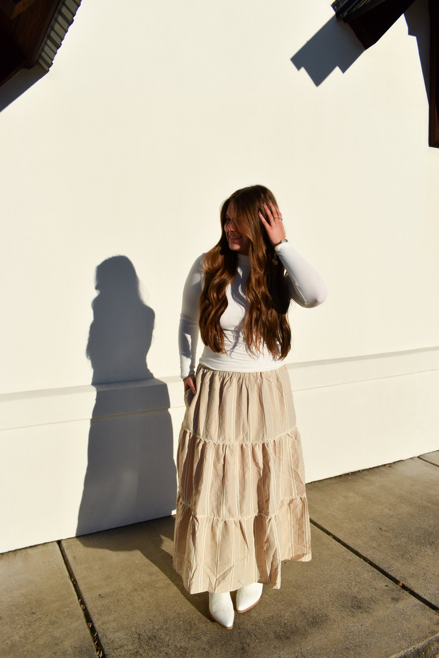 Lace Trim Gingham Maxi Skirt