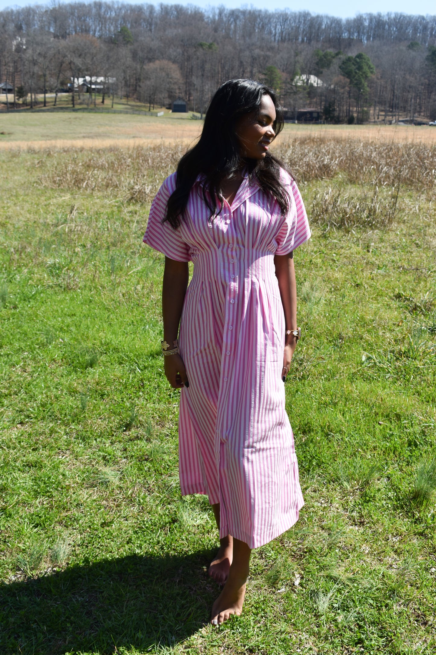 Pink Stripe Pleated Midi Dress