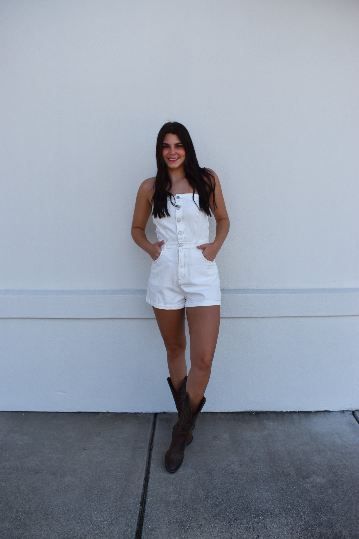 Megan White Strapless Denim Romper