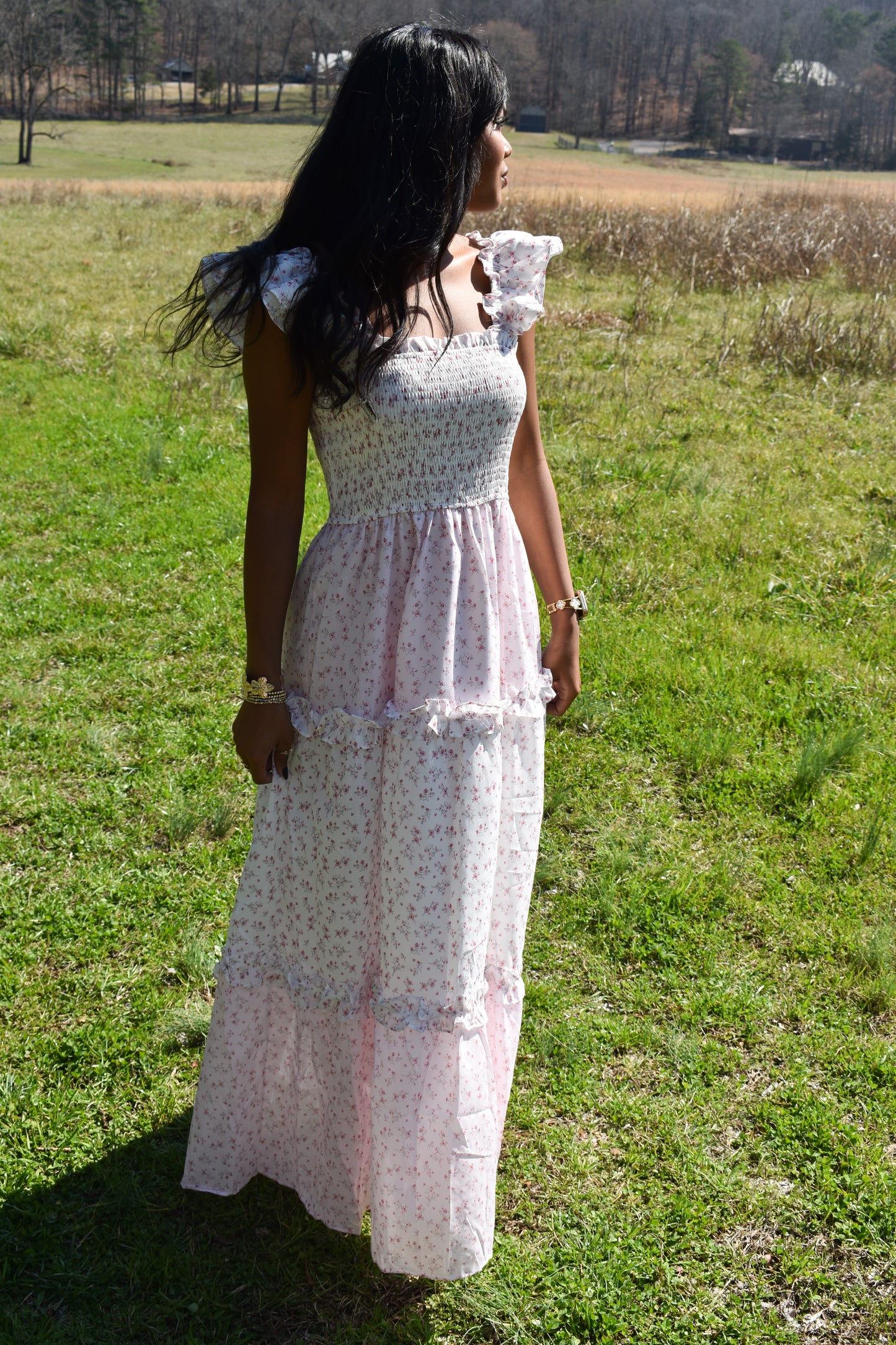 Ditsy Flower Print Ruffle Maxi Dress