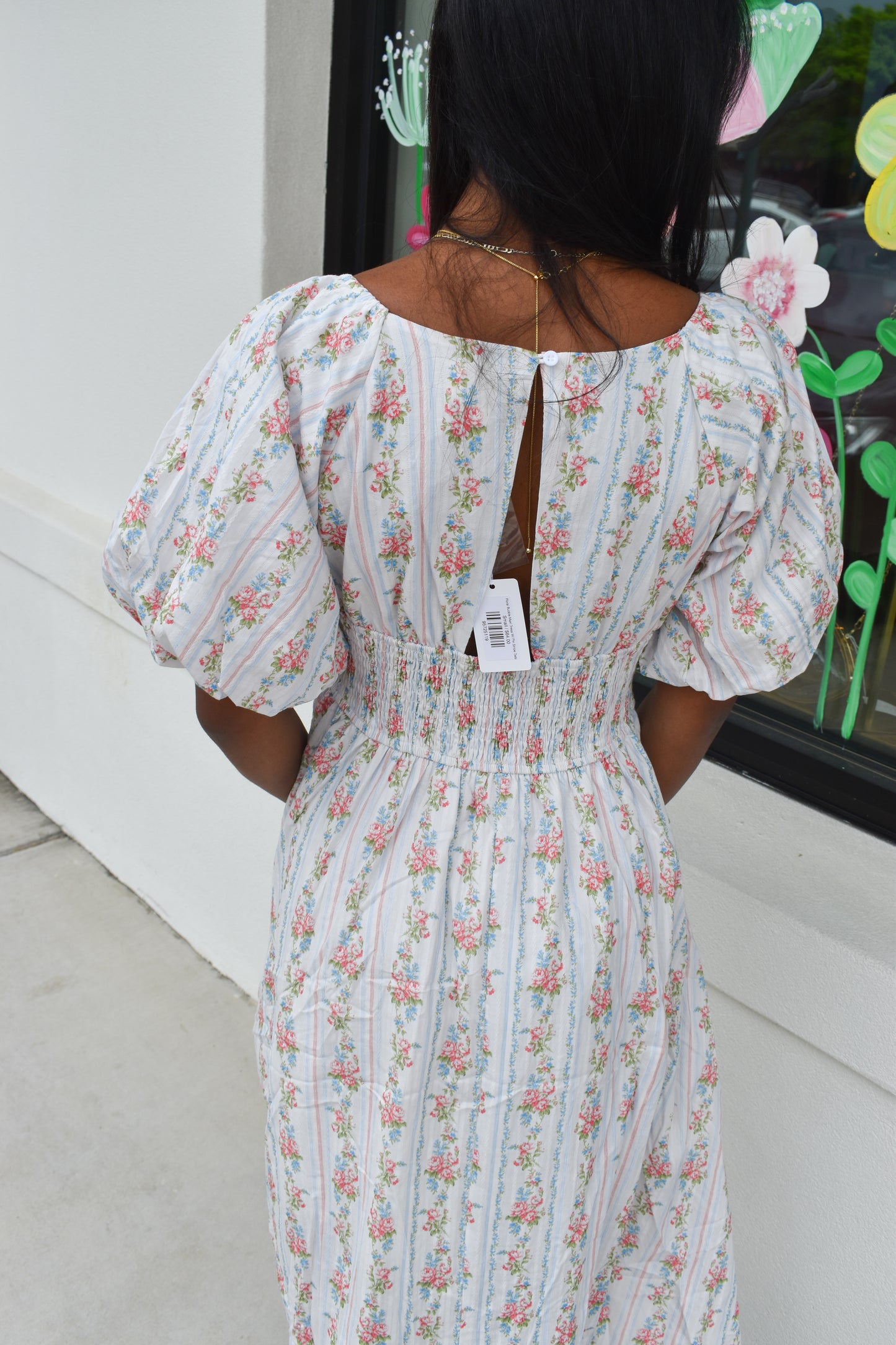 Floral Bubble Maxi Dress W/ Pin Stripe Detail