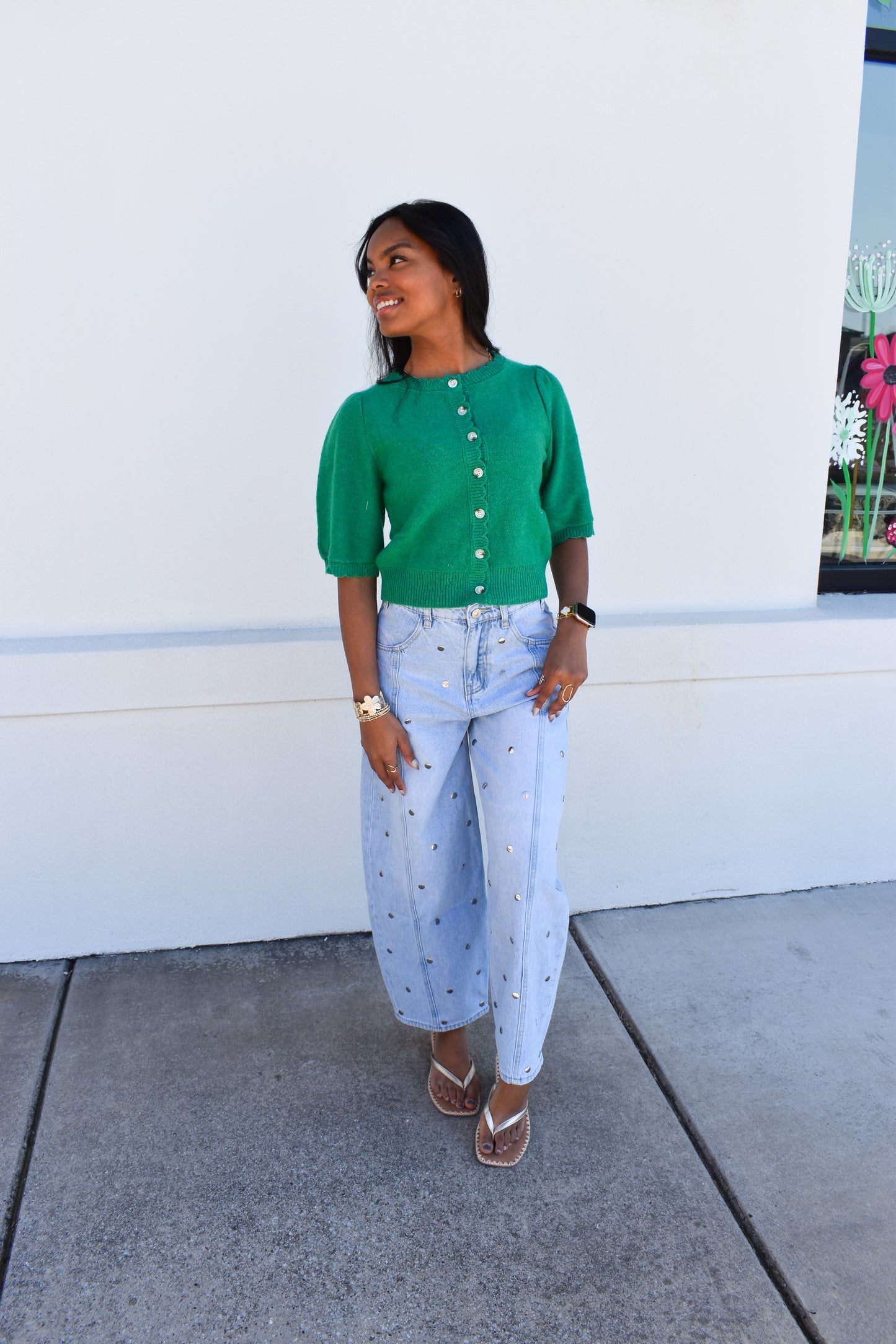 Green Button Short Sleeve Cardigan