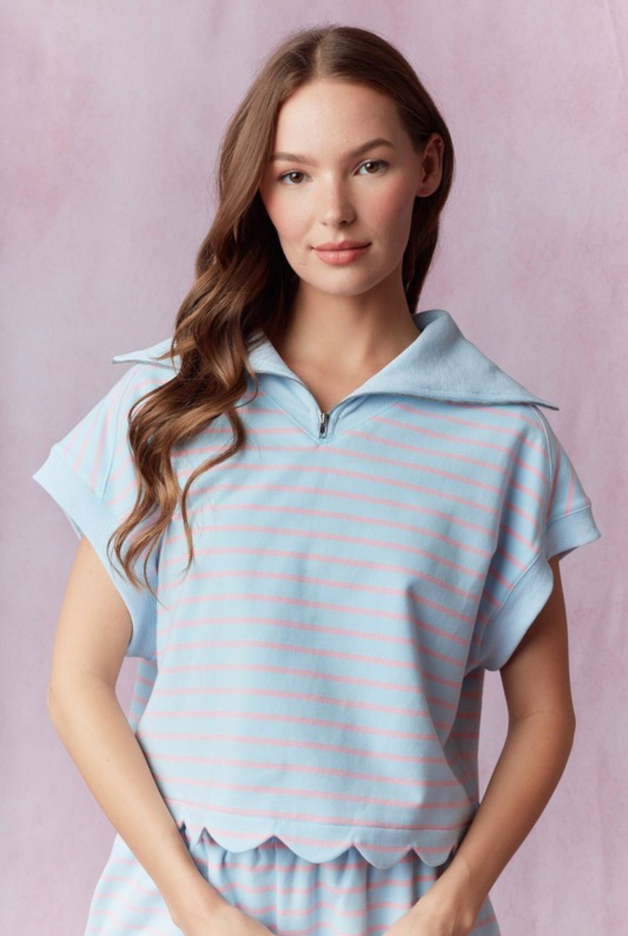 Stripe French Terry Scallop Top