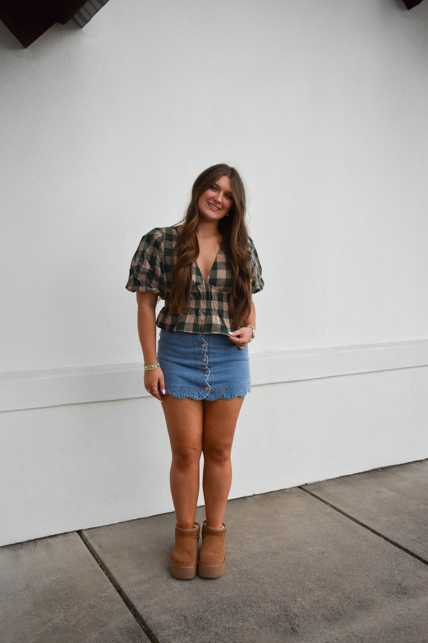 Gingham Bubble V Neck Top