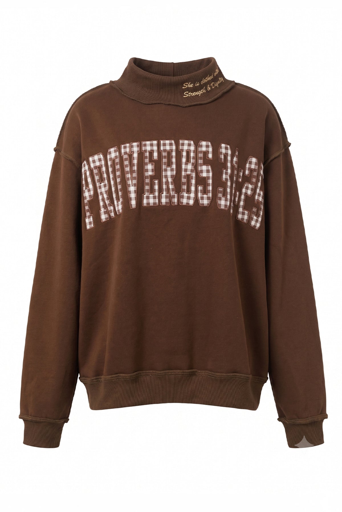'PROVERBS 31:25' Script Collar Mockneck: Brown