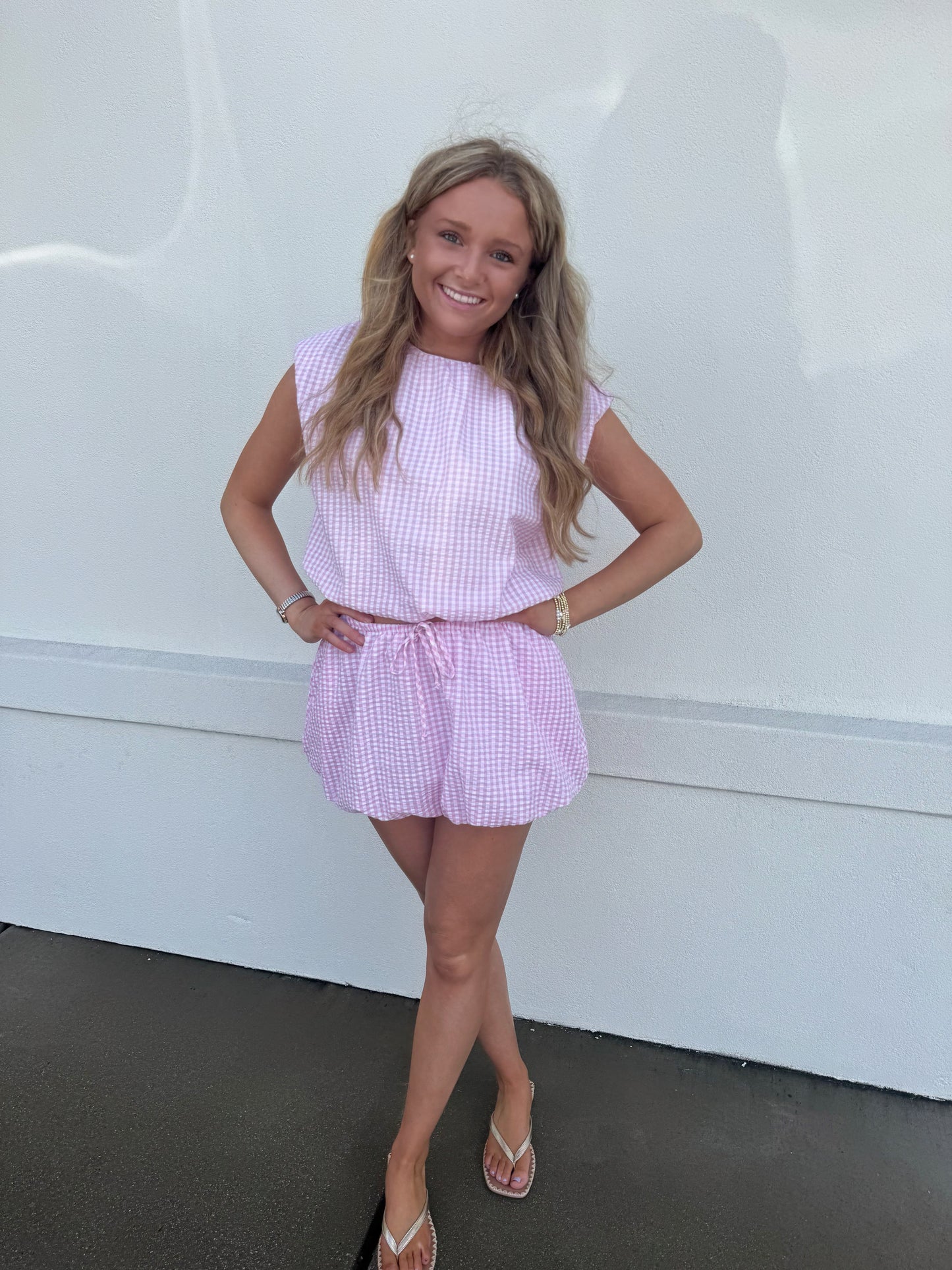 Pink Gingham Balloon Crop Top