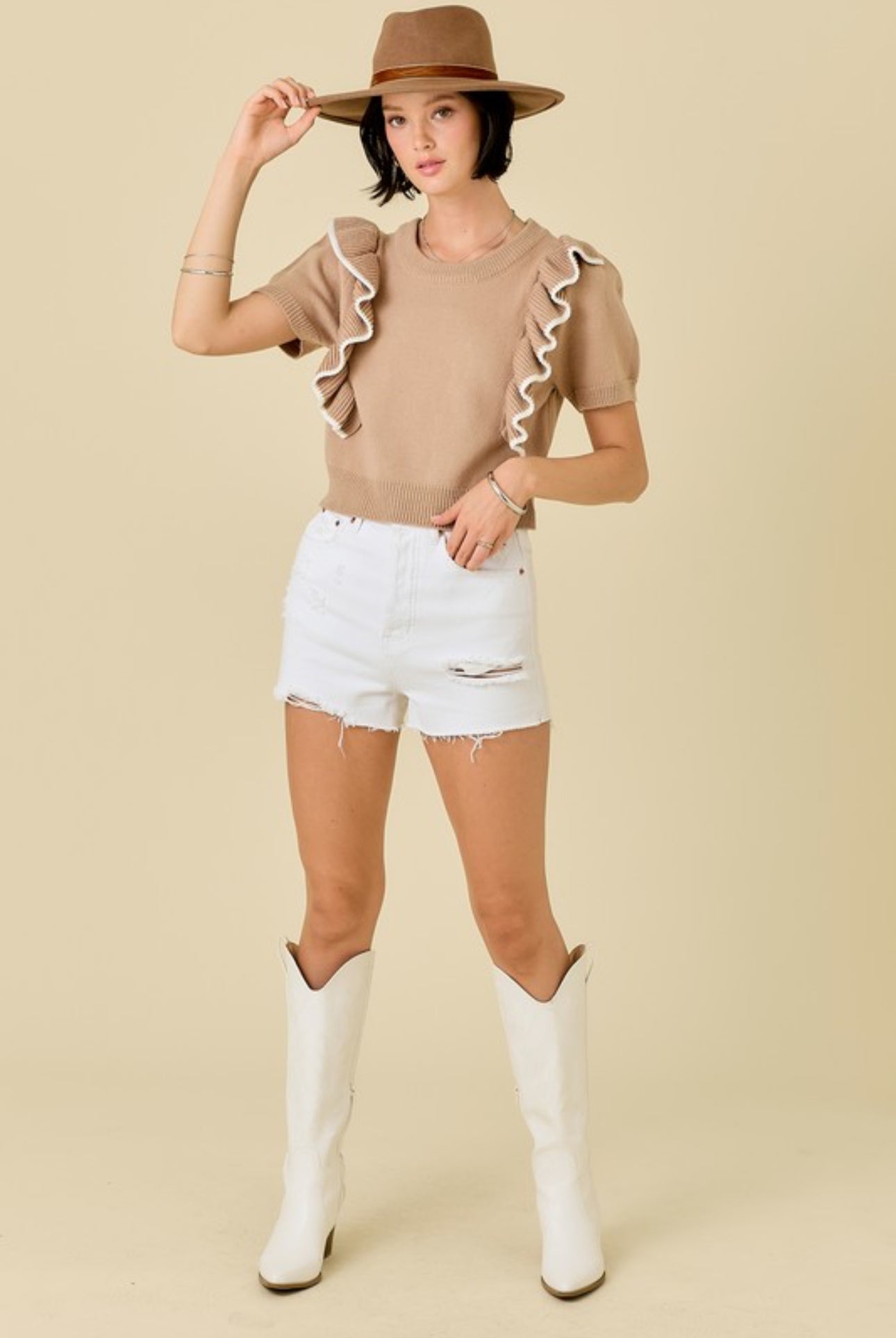 Cropped Sweater W/ Ruffles