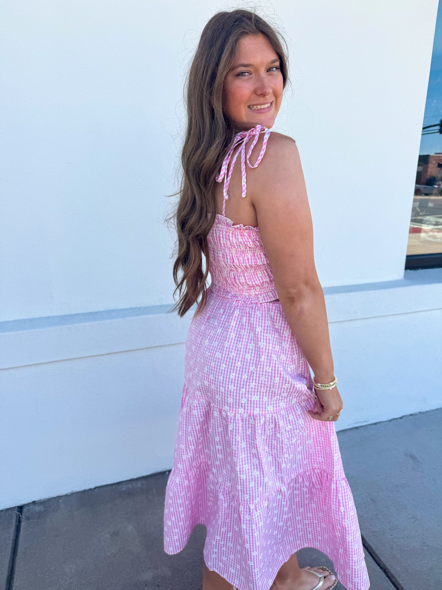 Flower Embroidered Gingham Set