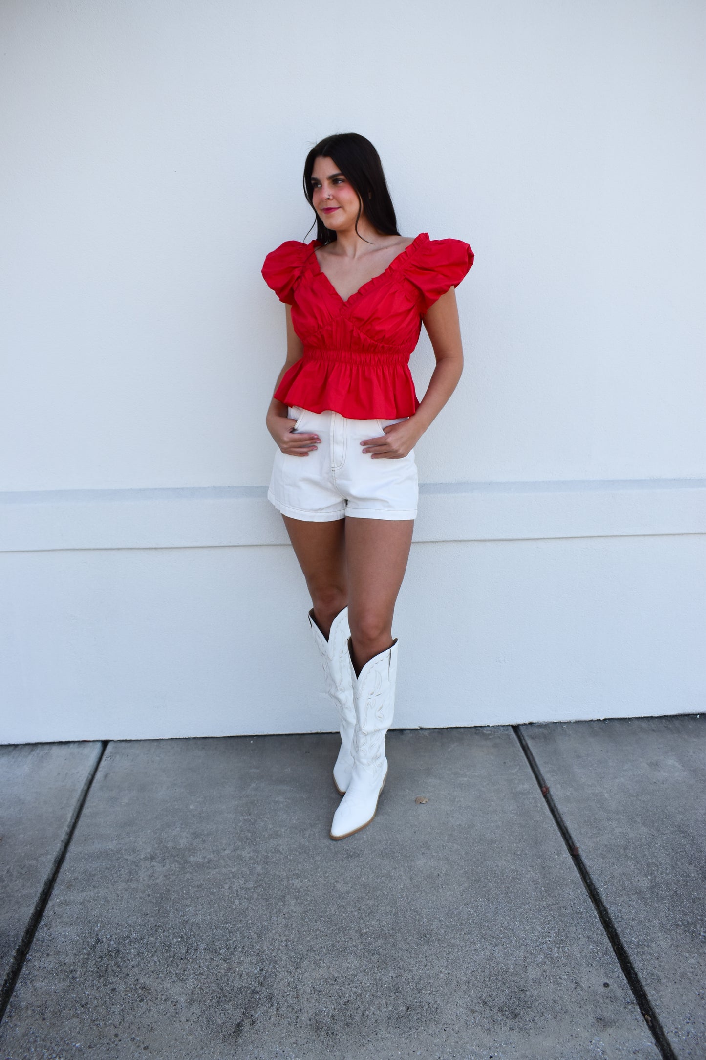 Poplin V Neck Ruffle Blouse