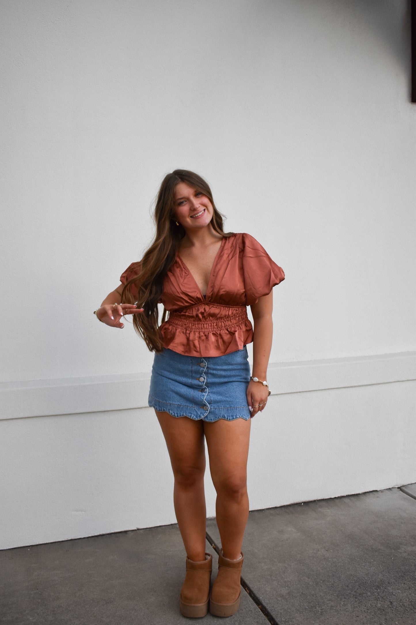 V Neck Satin Bubble Sleeve Top