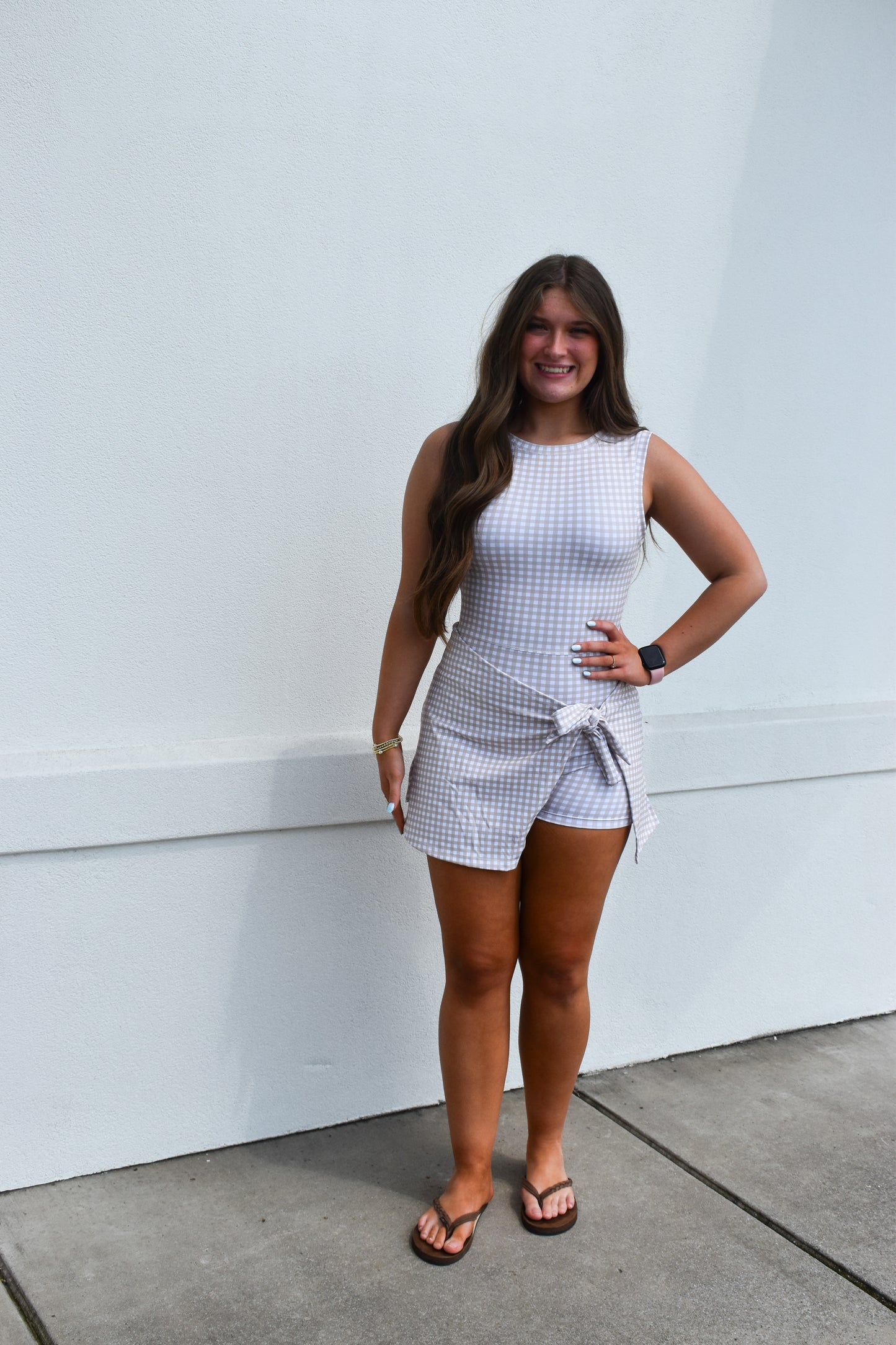*Restock* Beige Gingham Print Athletic Wrap Tie Dress