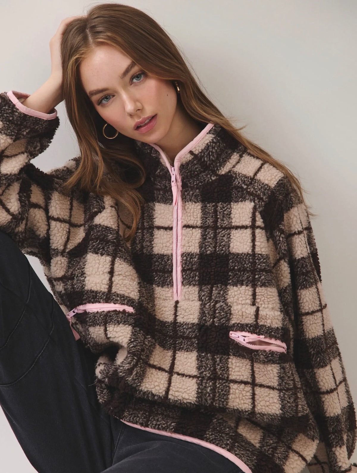Plaid Sherpa Half-Zip W/ Pink Detail