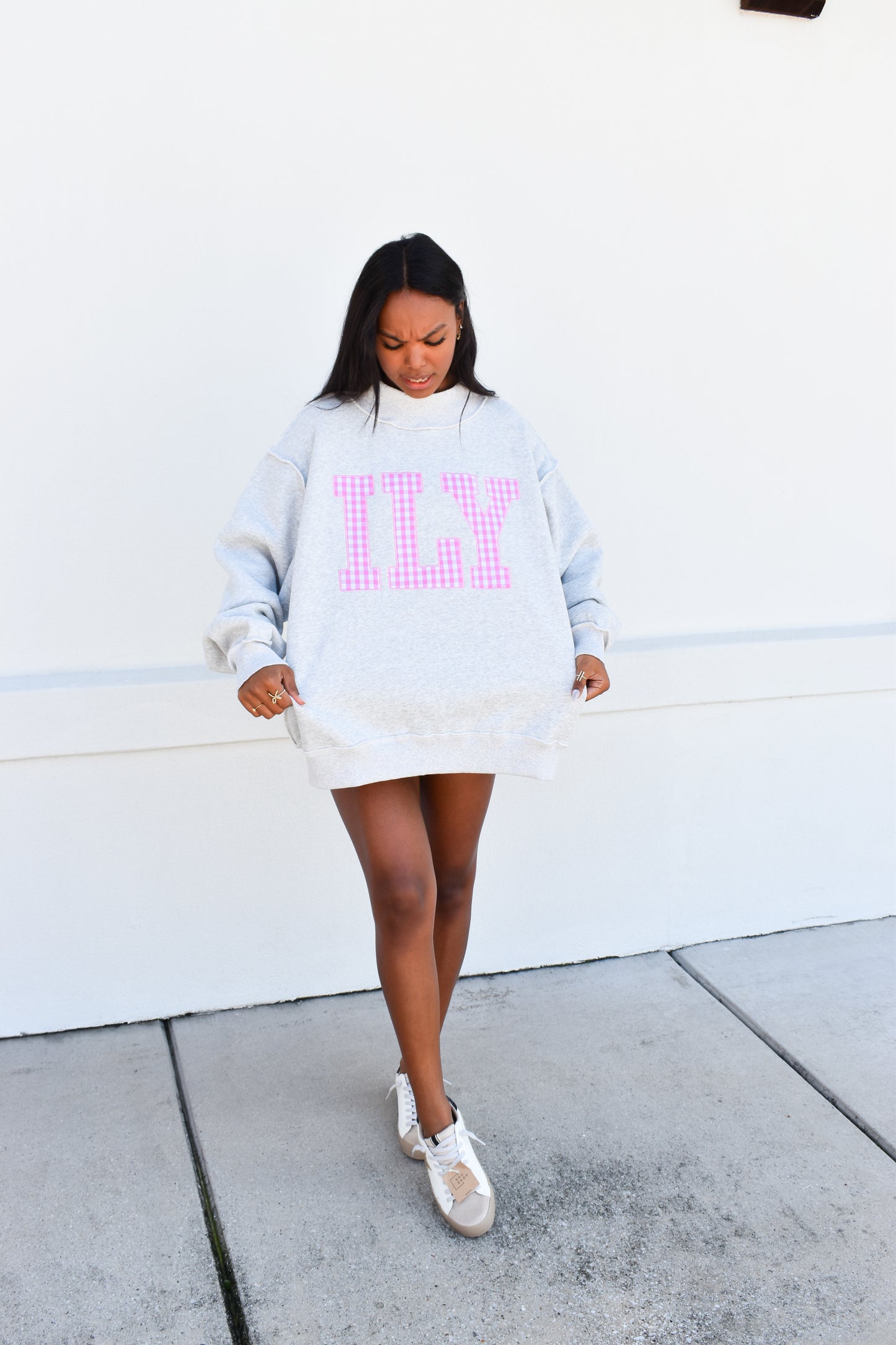 "ILY" Gingham Embroidered Mockneck