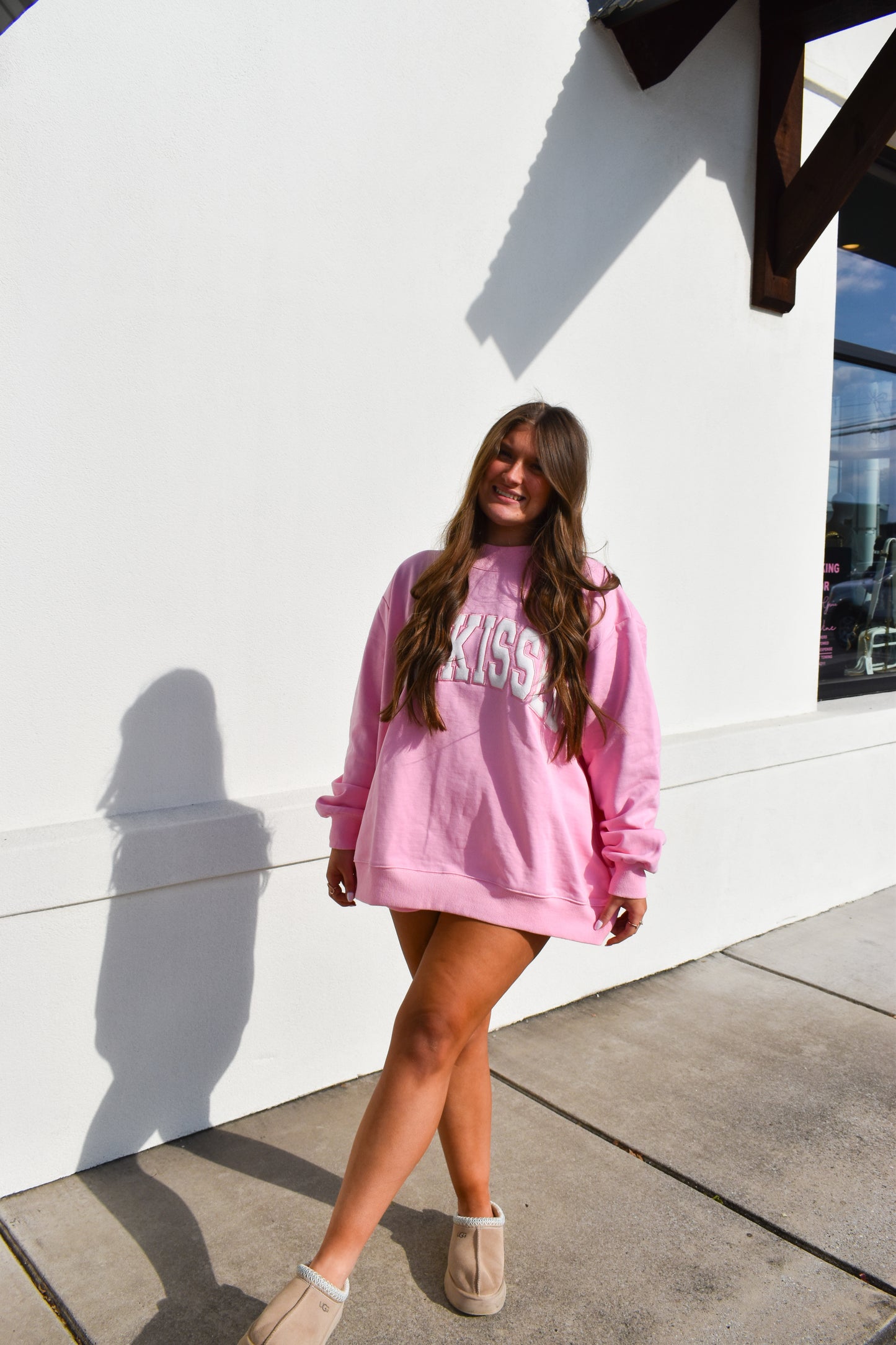 Lottie Pink Varsity Sunkissed Embroidered Mockneck: Lottie Pink