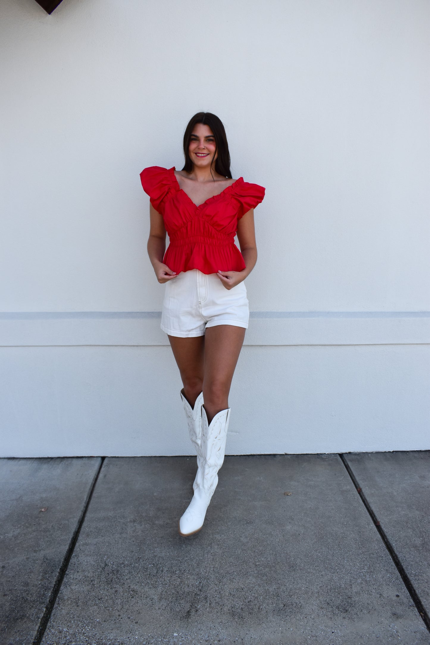 Poplin V Neck Ruffle Blouse