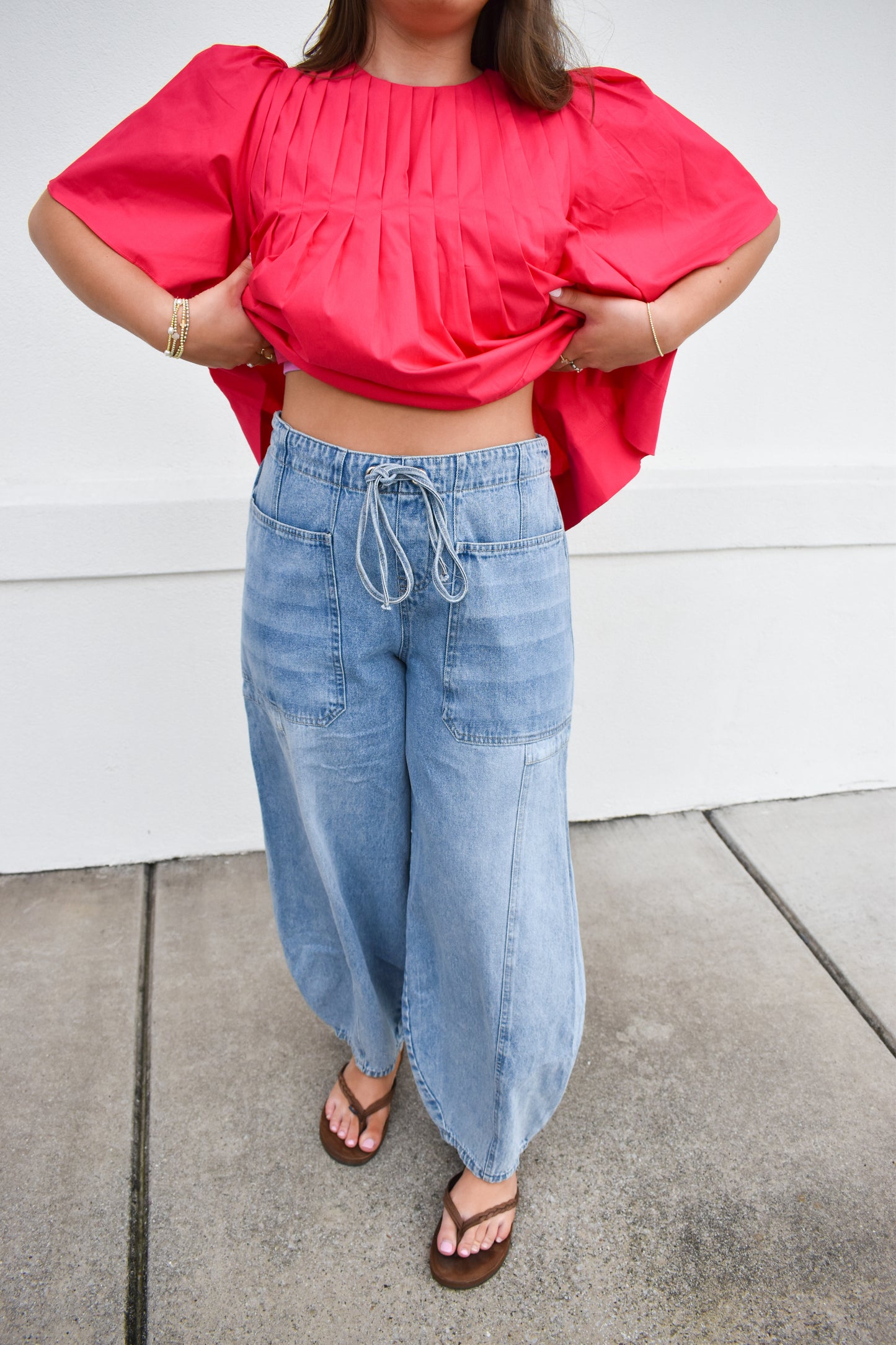 Denim Mid-Waist Drawstring Barrel Jeans