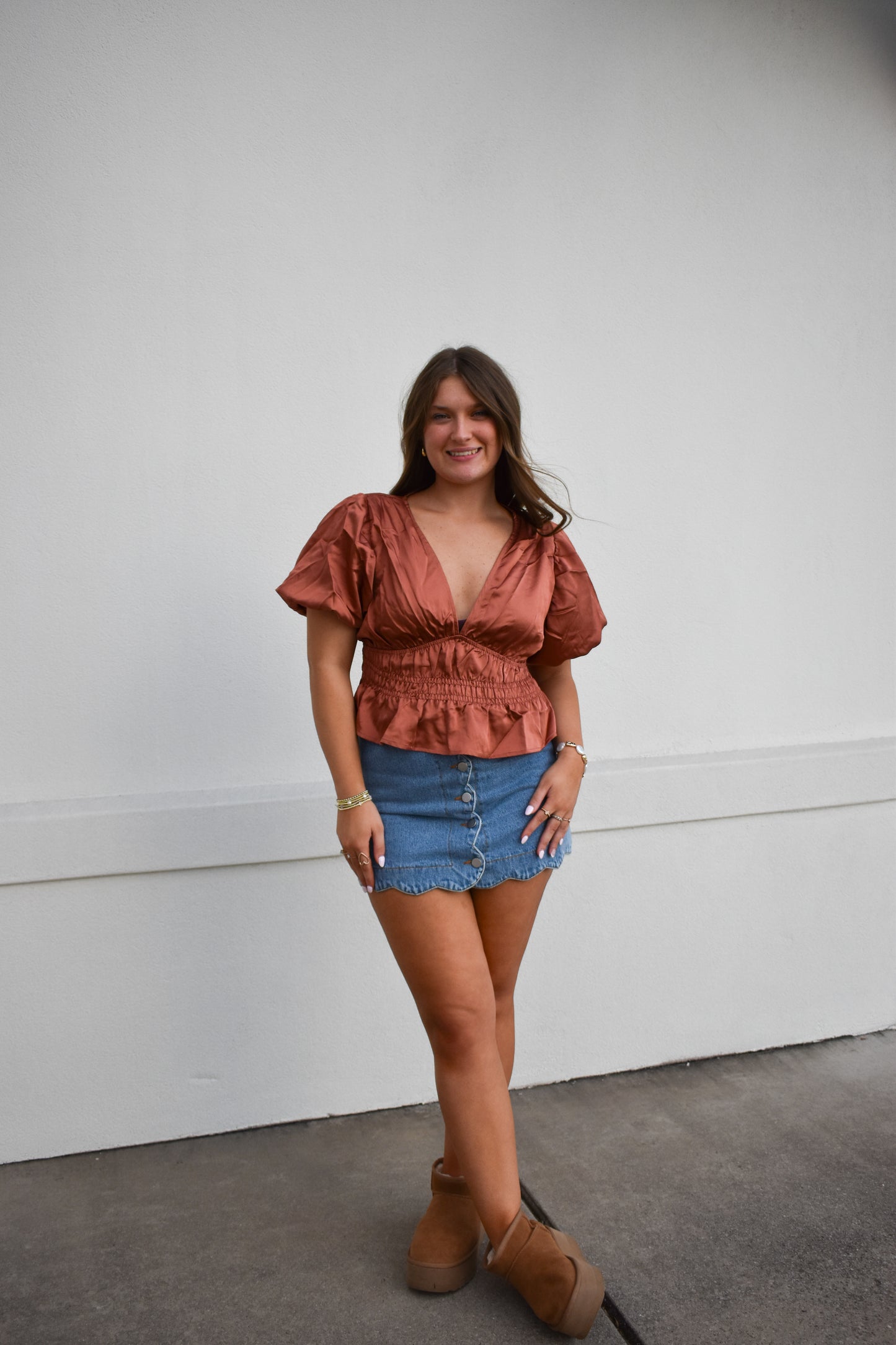 V Neck Satin Bubble Sleeve Top