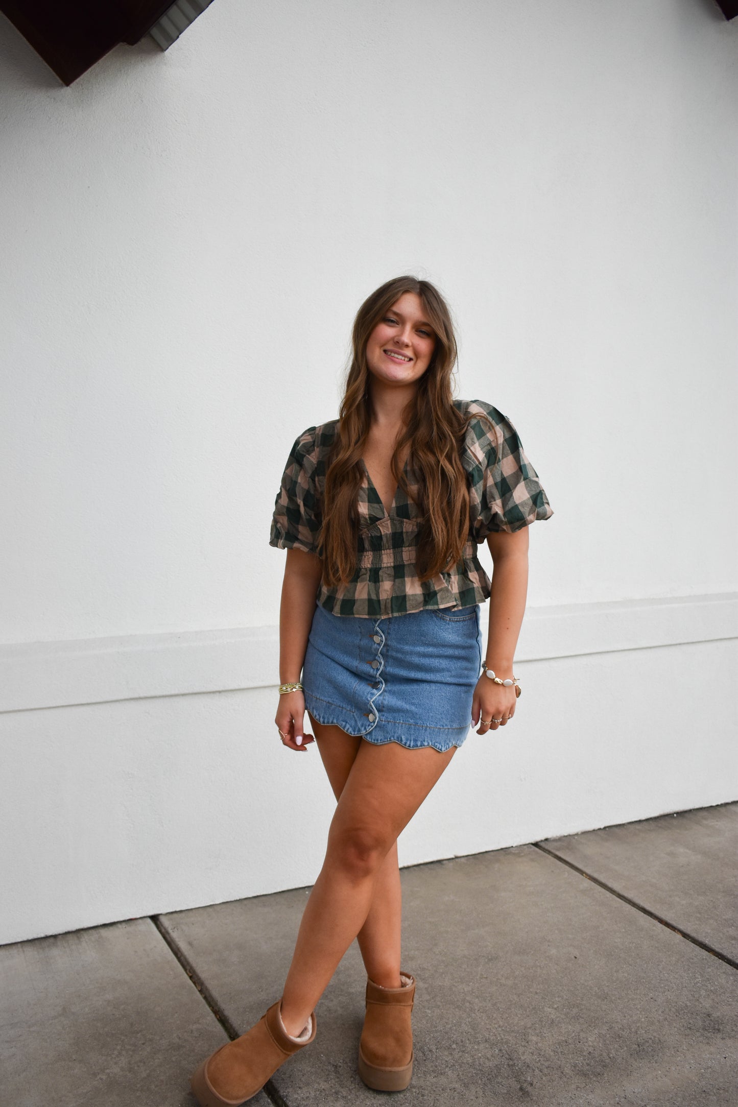 Gingham Bubble V Neck Top