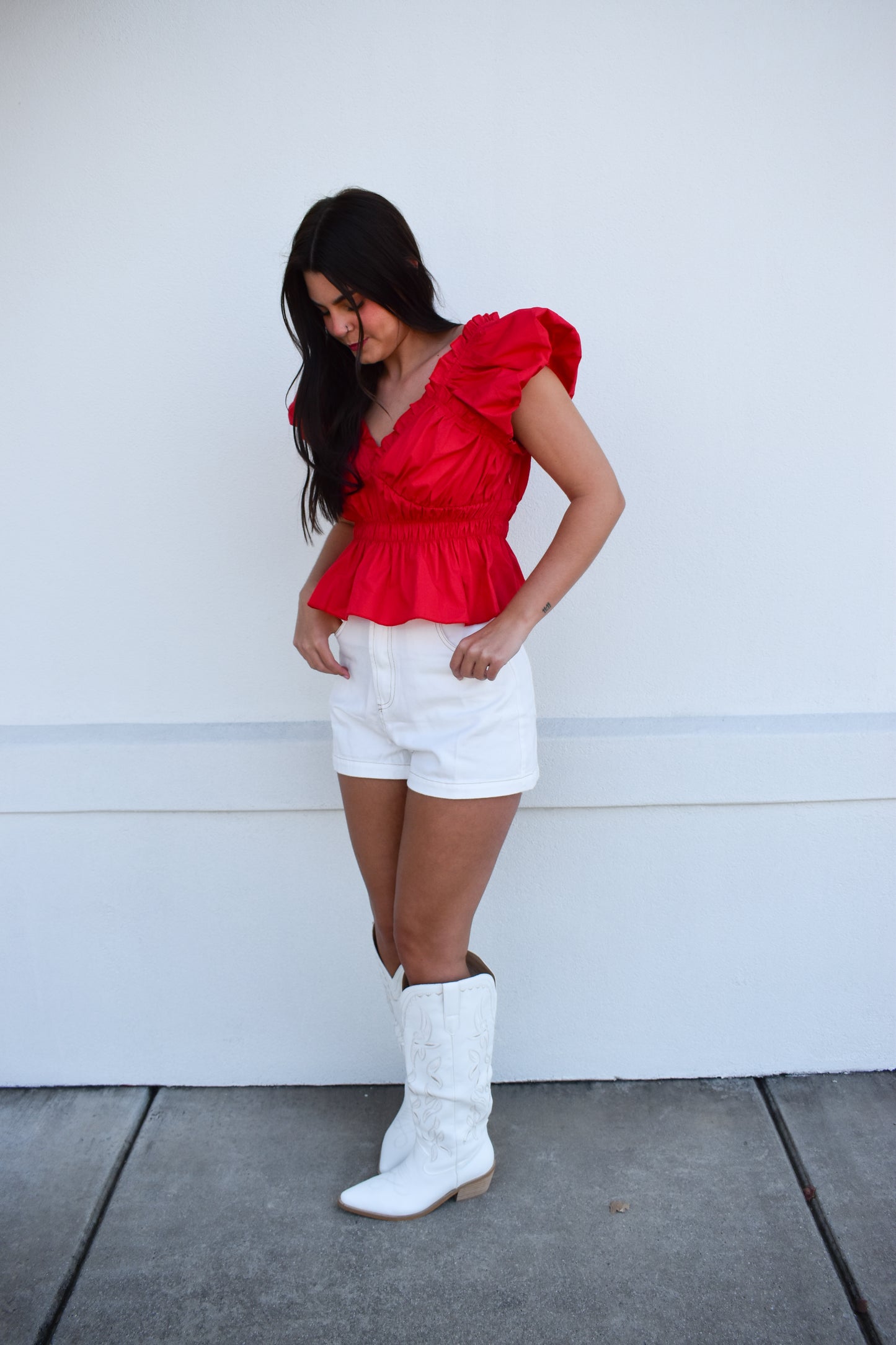Poplin V Neck Ruffle Blouse
