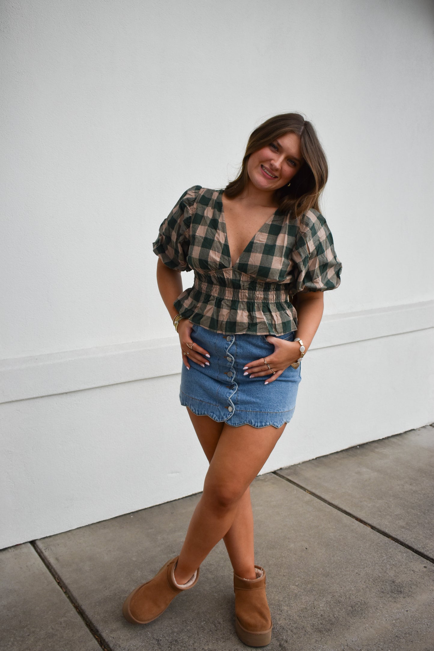 Gingham Bubble V Neck Top
