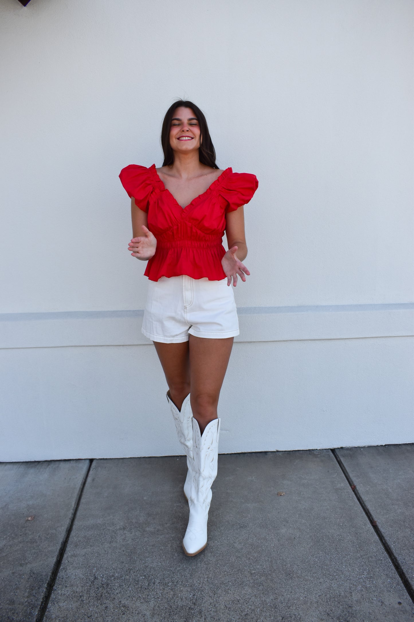 Poplin V Neck Ruffle Blouse