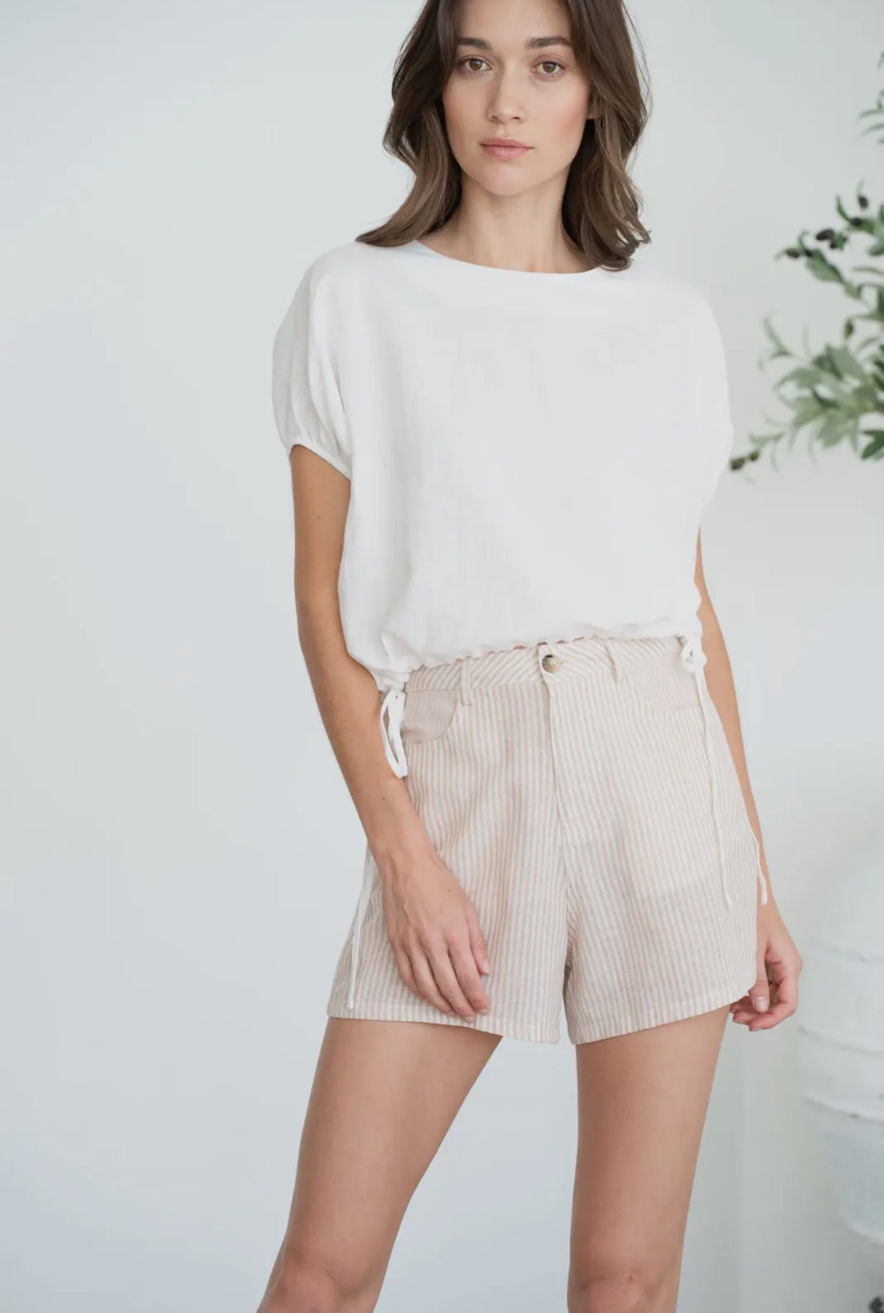 Crew Neck Linen Top: White