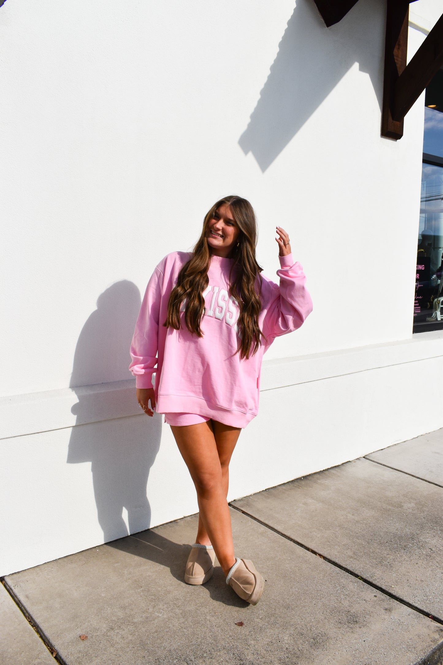 Lottie Pink Varsity Sunkissed Embroidered Mockneck: Lottie Pink