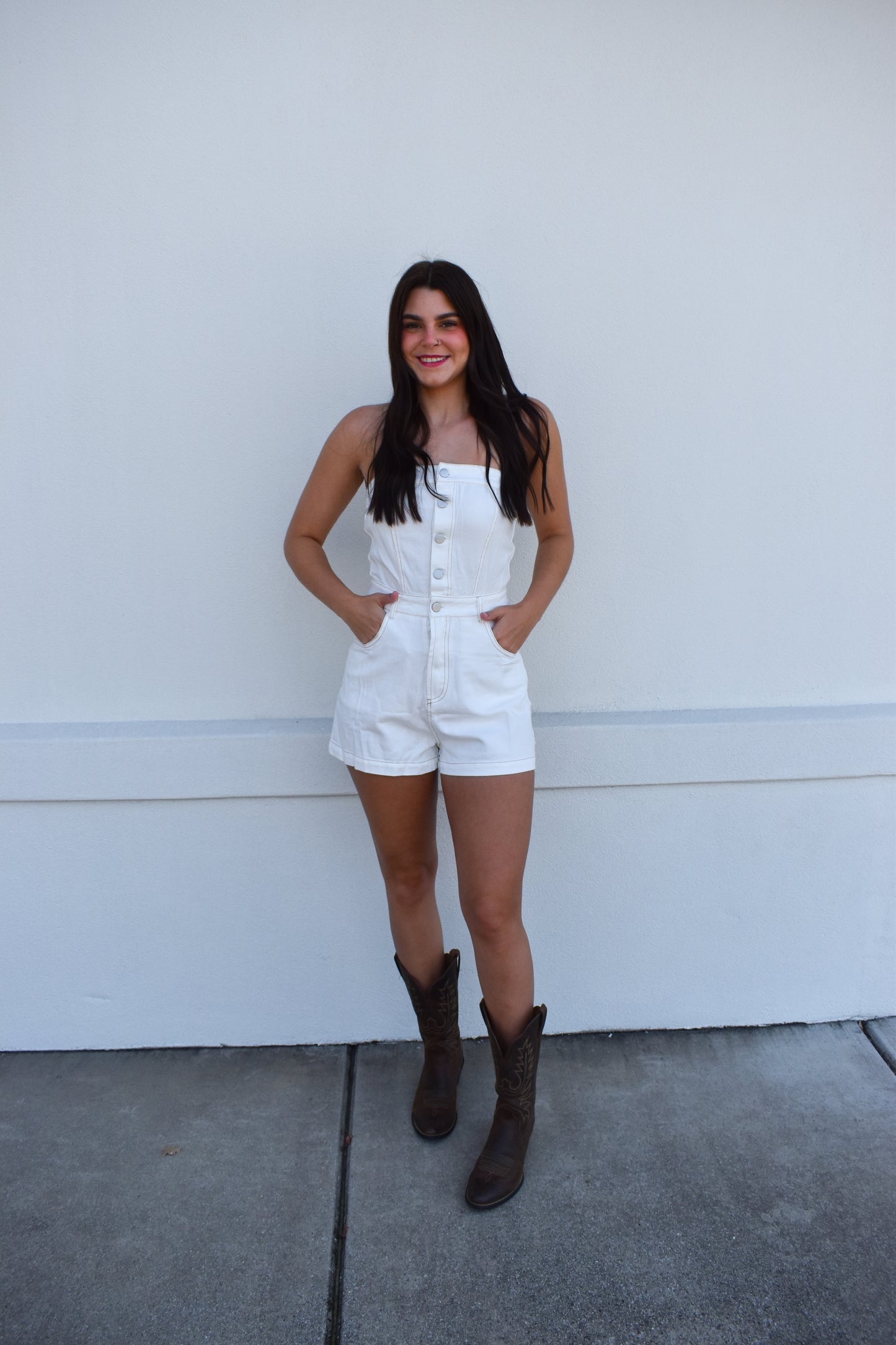 Megan White Strapless Denim Romper