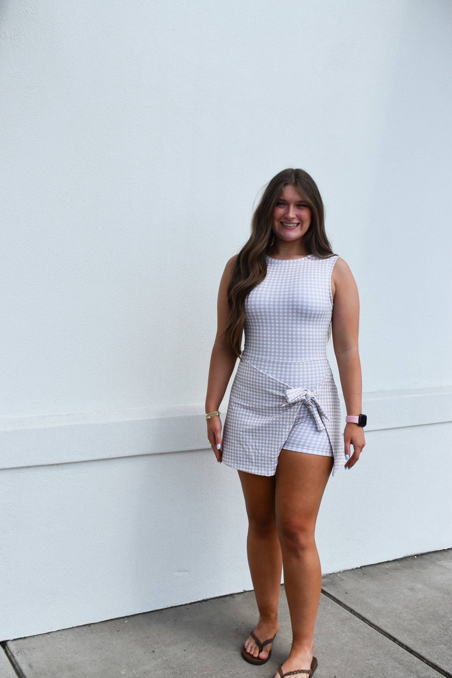 *Restock* Beige Gingham Print Athletic Wrap Tie Dress