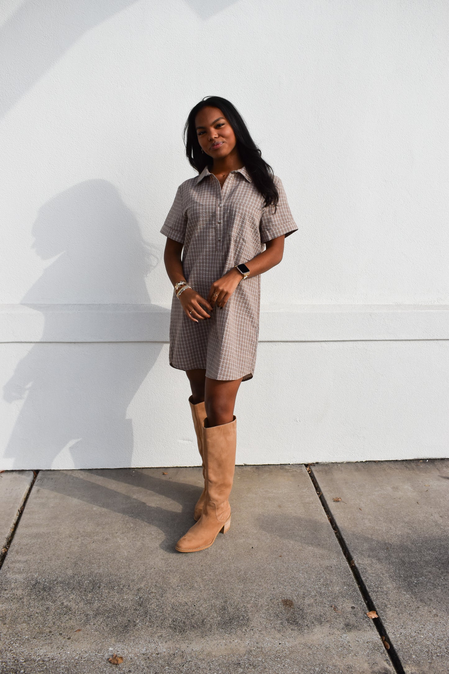 Checkered Shirt Dress W/ Pocket