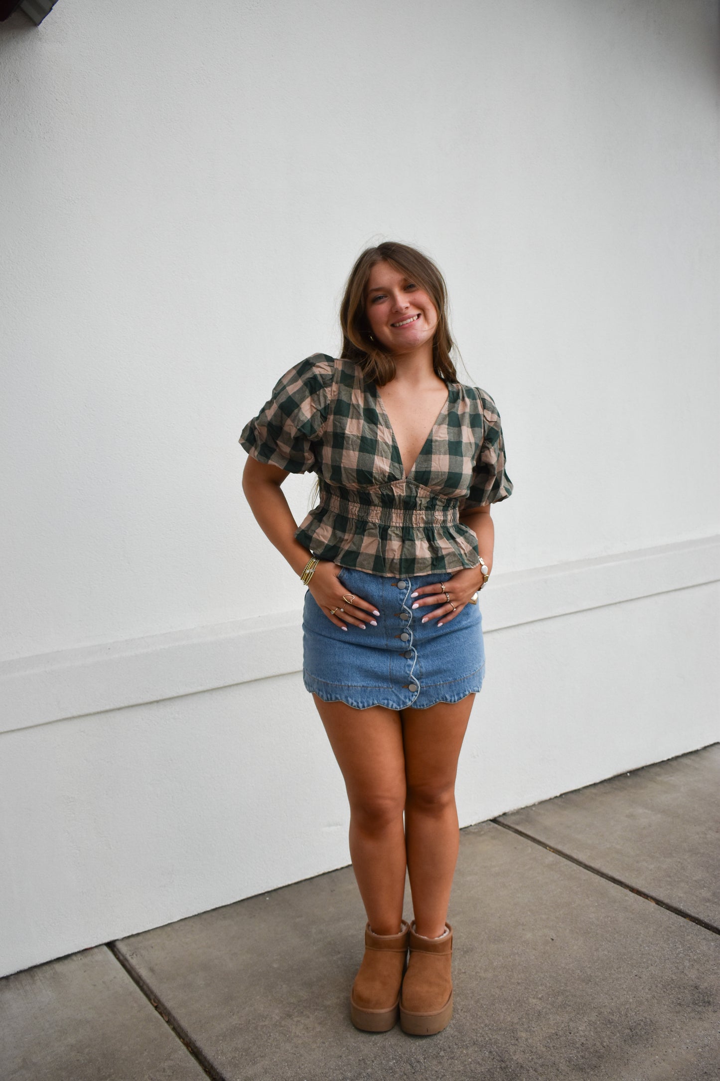 Gingham Bubble V Neck Top