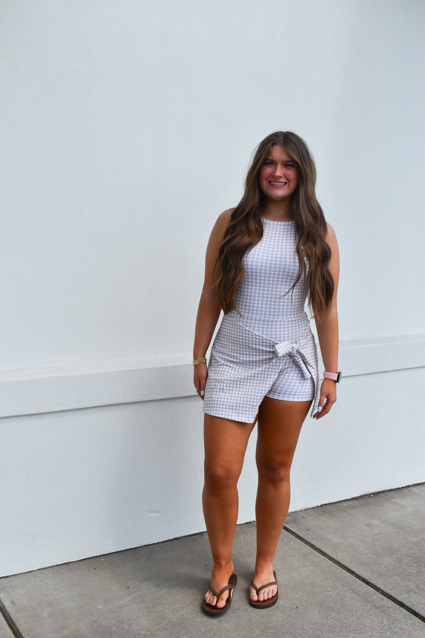 *Restock* Beige Gingham Print Athletic Wrap Tie Dress