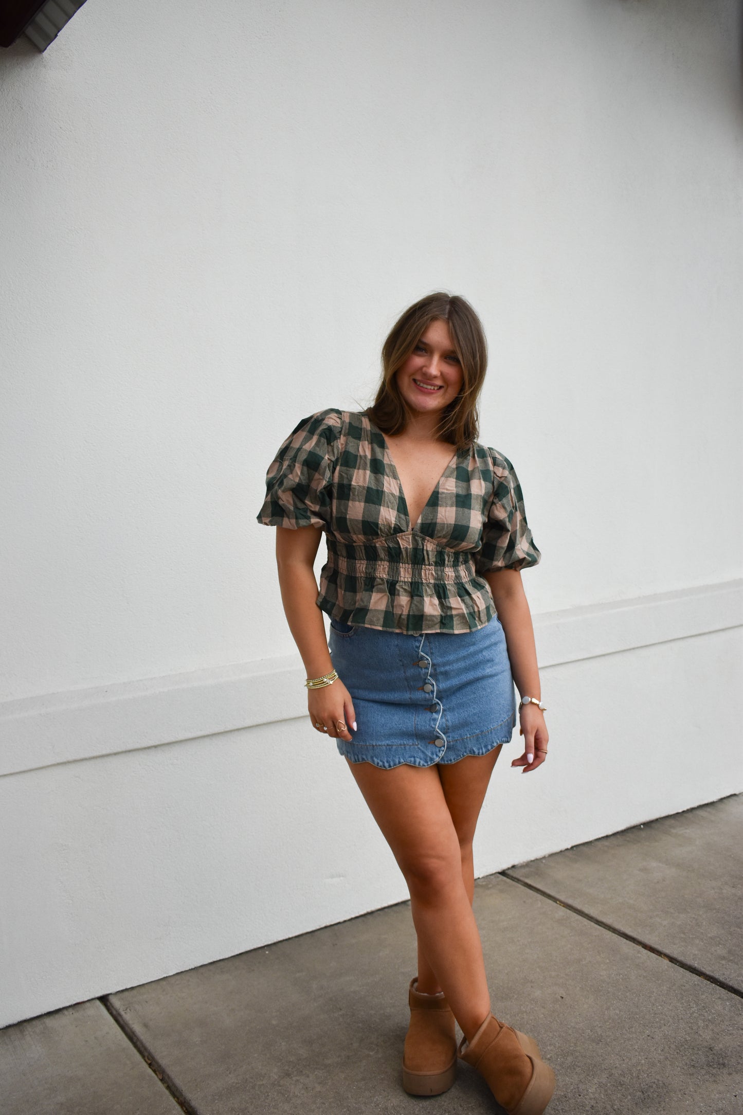 Gingham Bubble V Neck Top