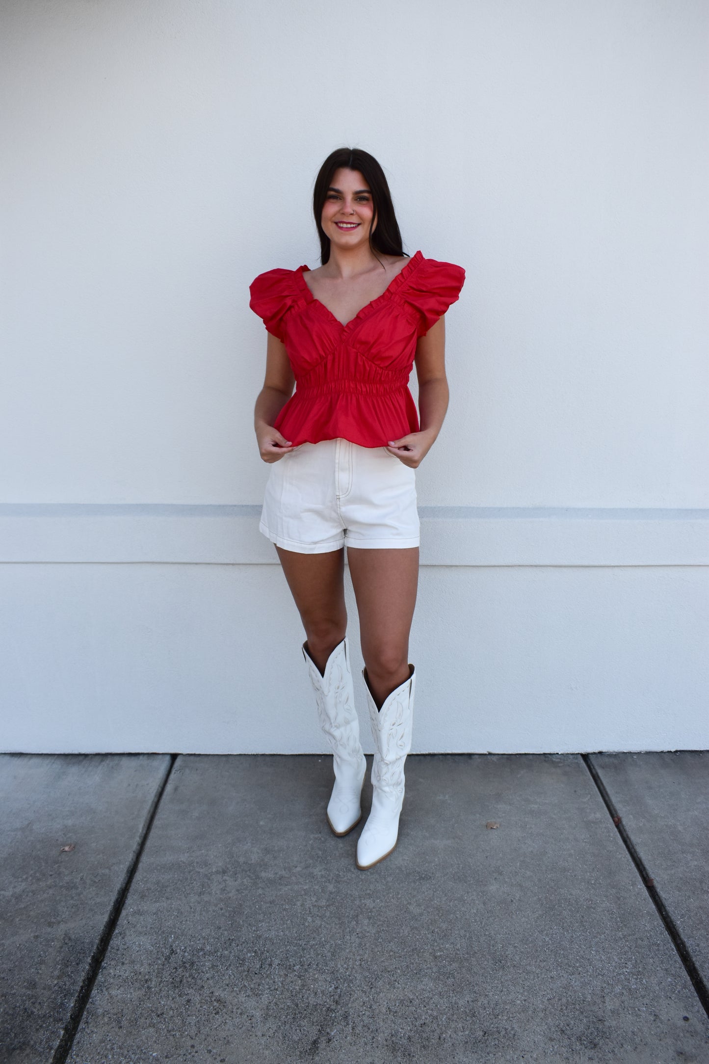 Poplin V Neck Ruffle Blouse